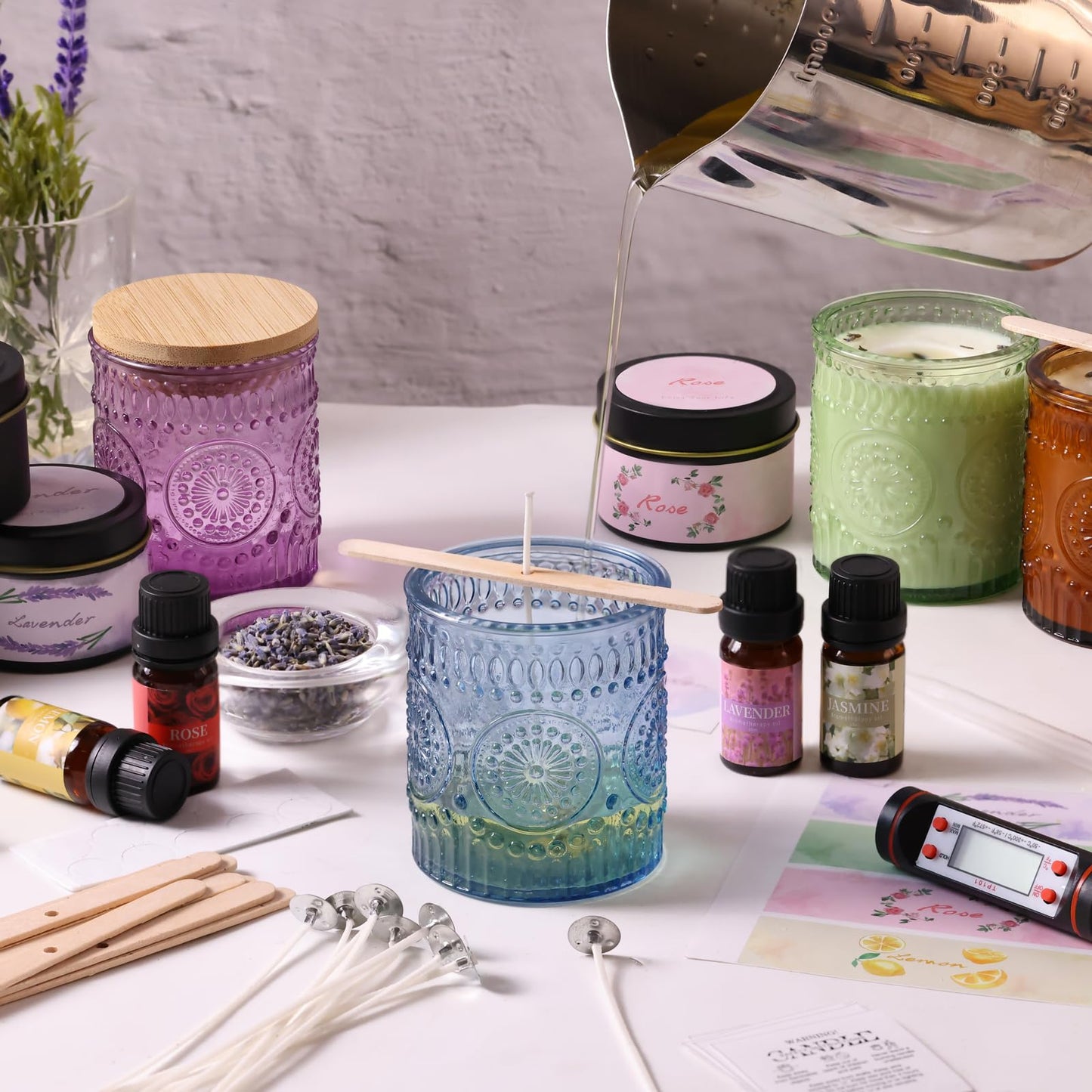 DARJEN Candle Making Kits - Soy Candles Making Supplies for Adults Including 4 Candle Jars(Amber, Purple, Blue, Green), Candle Tins, Wax, Scents, Dried Flower & More, DIY Arts & Crafts Kits Home Decor