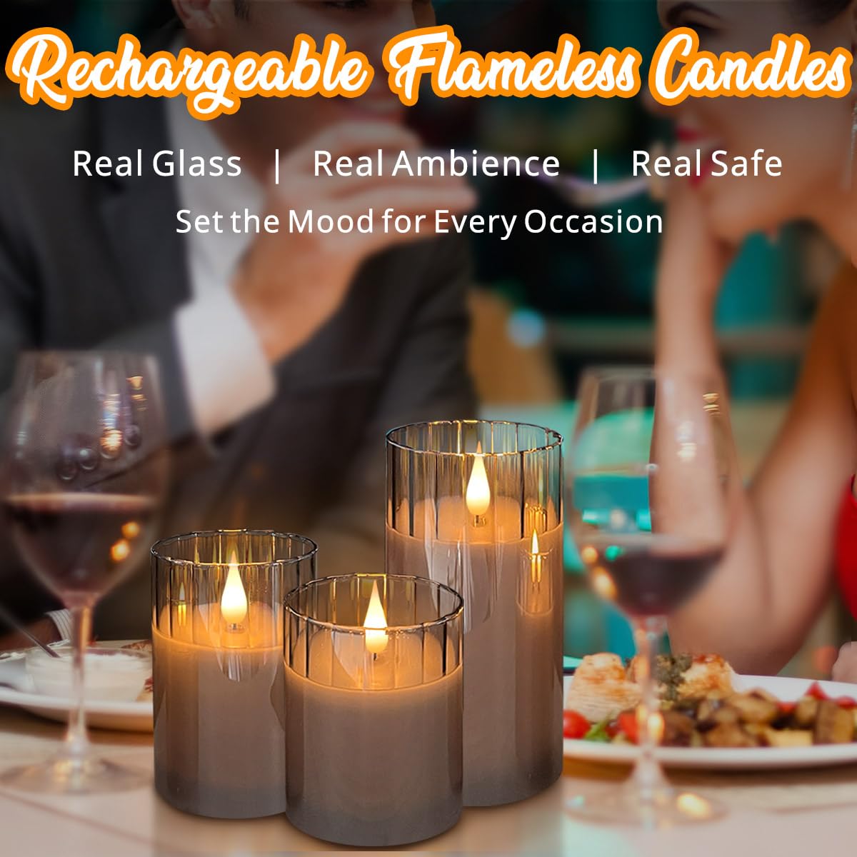 LEDHOLYT Rechargeable Flameless Candle, Flashing LED Pillar Real Wax Candle with Remote Control and Timer, Grey Stripes Glass Electronic Candles for Room Decoration, 1 Set of 3