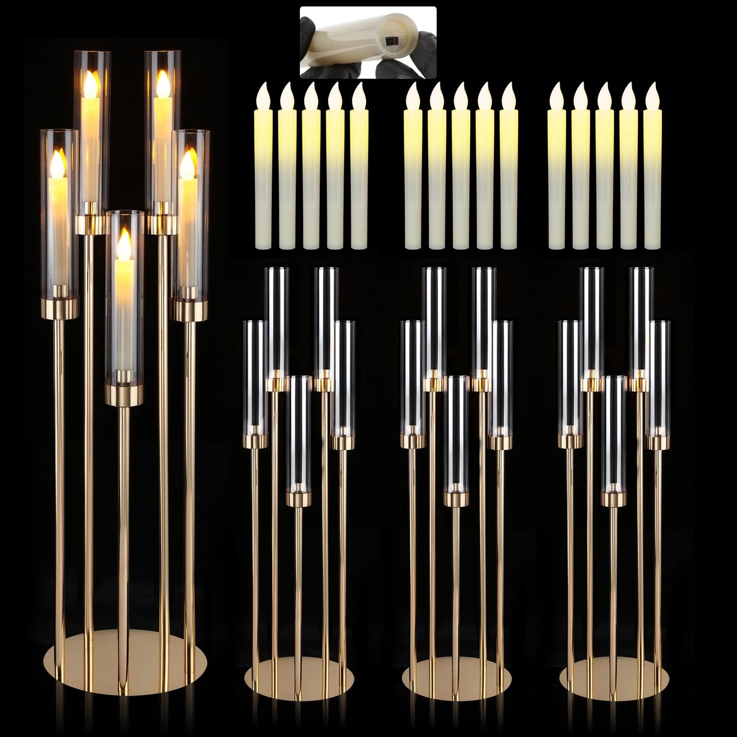 Dyna-Living Gold Candelabra 4 Set 34.6'' Tall Candelabras Centerpieces for Tables, 5 Arm Candle Holders Centerpiece with Acrylic Lampshade, Gold Candelabras Floor Stands for Wedding Party Home