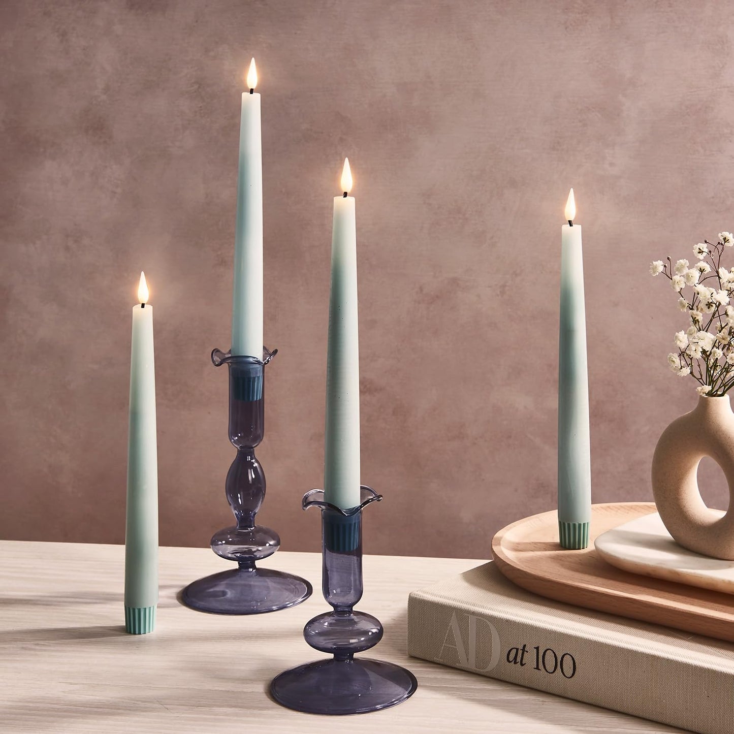 LampLust Flameless Taper Candles with Remote, 9 Inch, 4 Pack Pastel Blue Candlesticks, LED Flickering Flameless Candles for Baby Shower Gender Reveal Decoration, Summer Home Decor, Table Centerpiece
