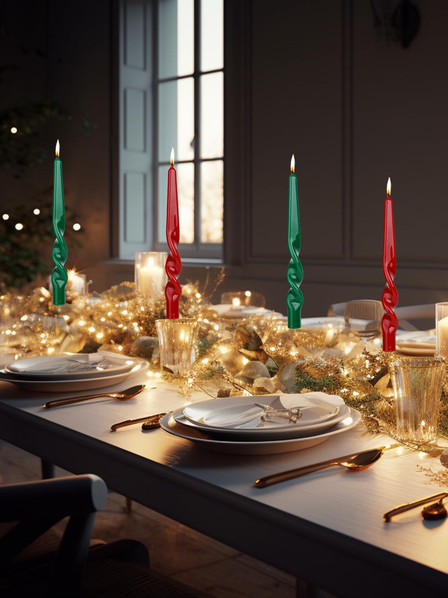 LPUSA Christmas Taper Candles-Green and Red Spiral Candles-Unscented Candle Sticks and Dripless,Perfect as Dinner Candles-4pcs,10inch(Green,Red-A)