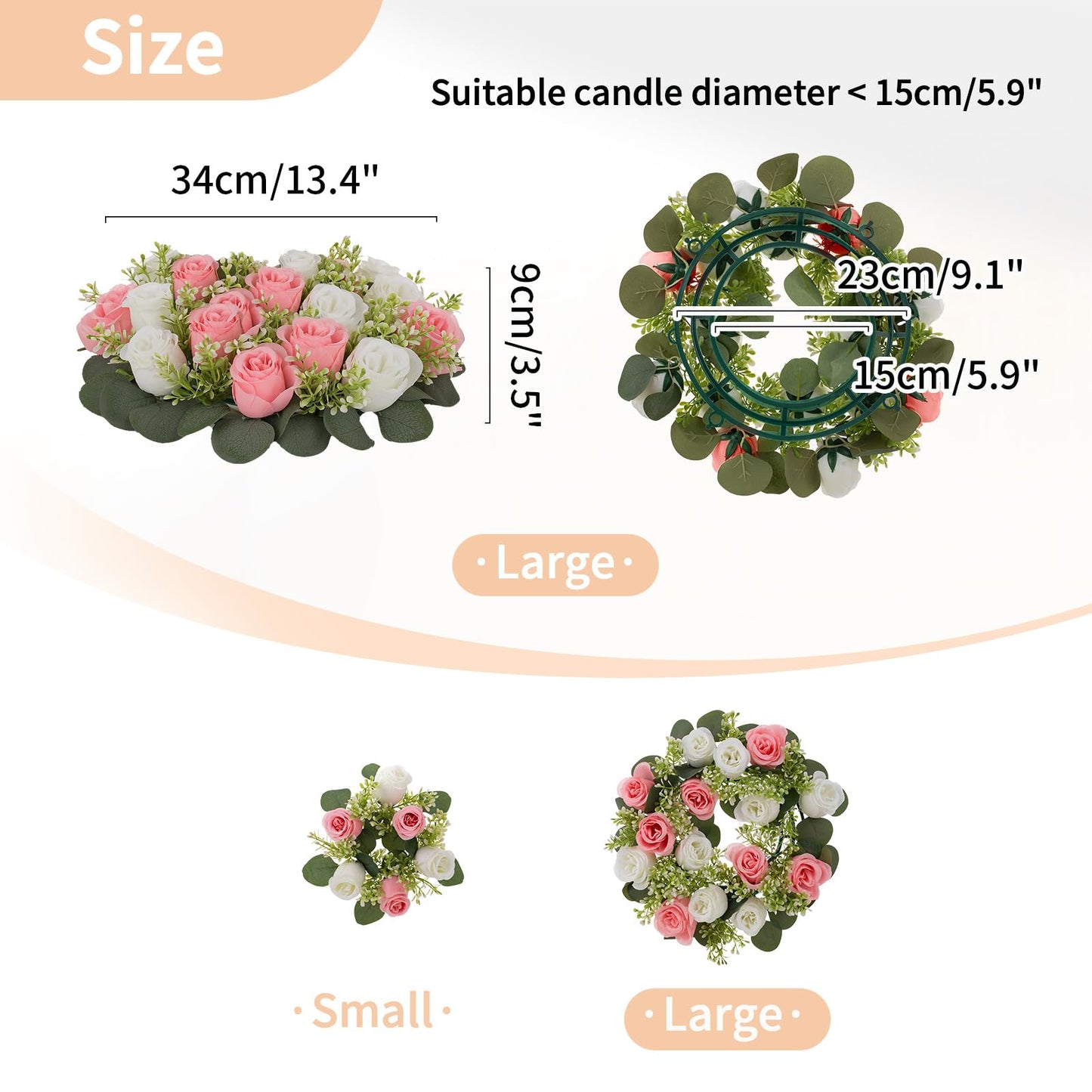 NUPTIO Flower Candle Rings for Centerpieces: 13.4 Inch Artificial Rose Wreath for Wedding Party Christmas - Pink & White Wreaths for Spring Summer Front Door Porch Table Decor 2 Pcs