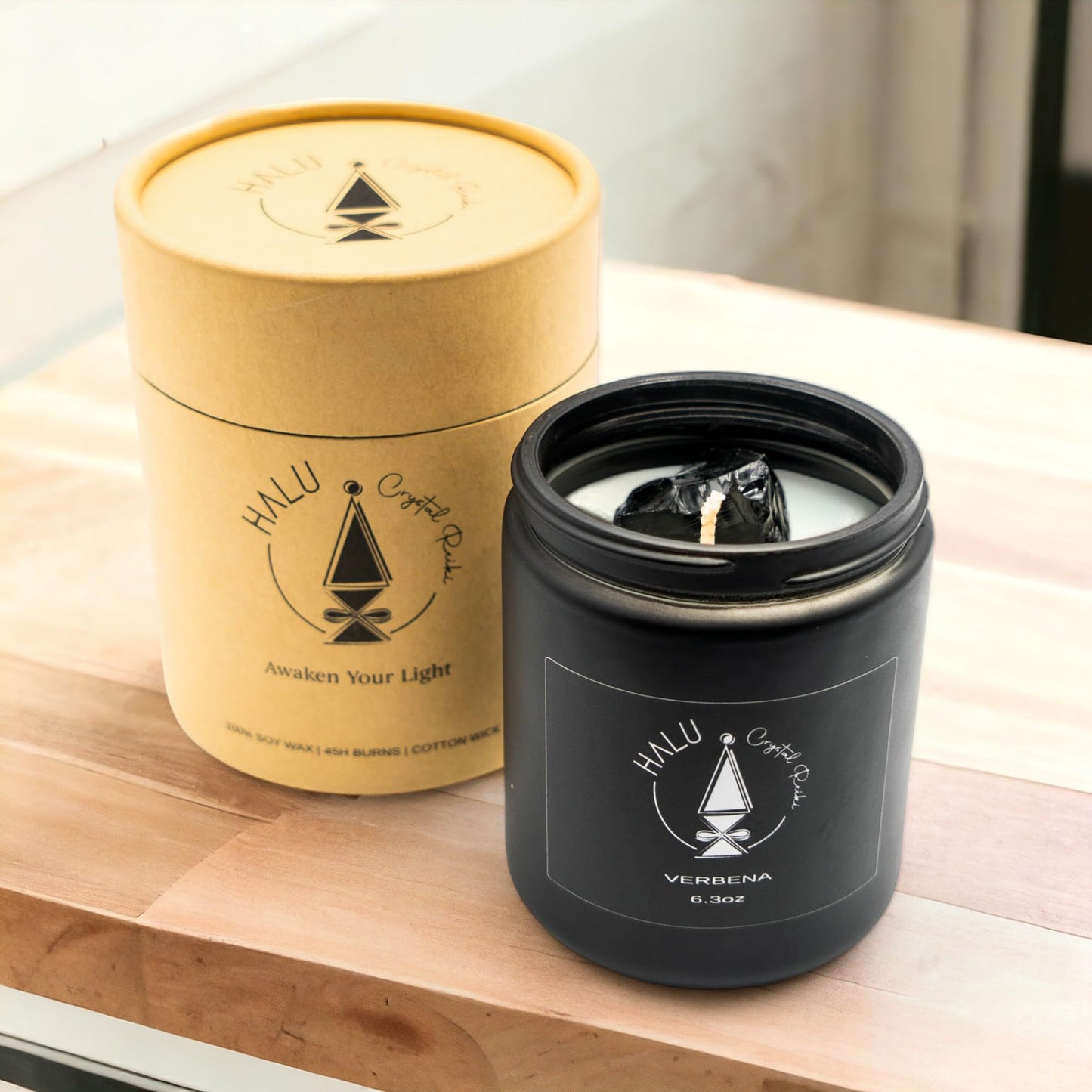 Verbena Scented Candle + Obsidian Crystal | Aromatherapy | Meditation | Reiki Infused | 100% Natural Soy Candles