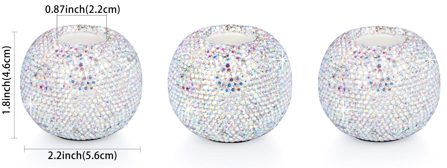 Vixdonos Round Resin Rhinestones Candlestick Holders Set of 3 Ceramic Candle Holder Bulk for Taper Candles,Silver