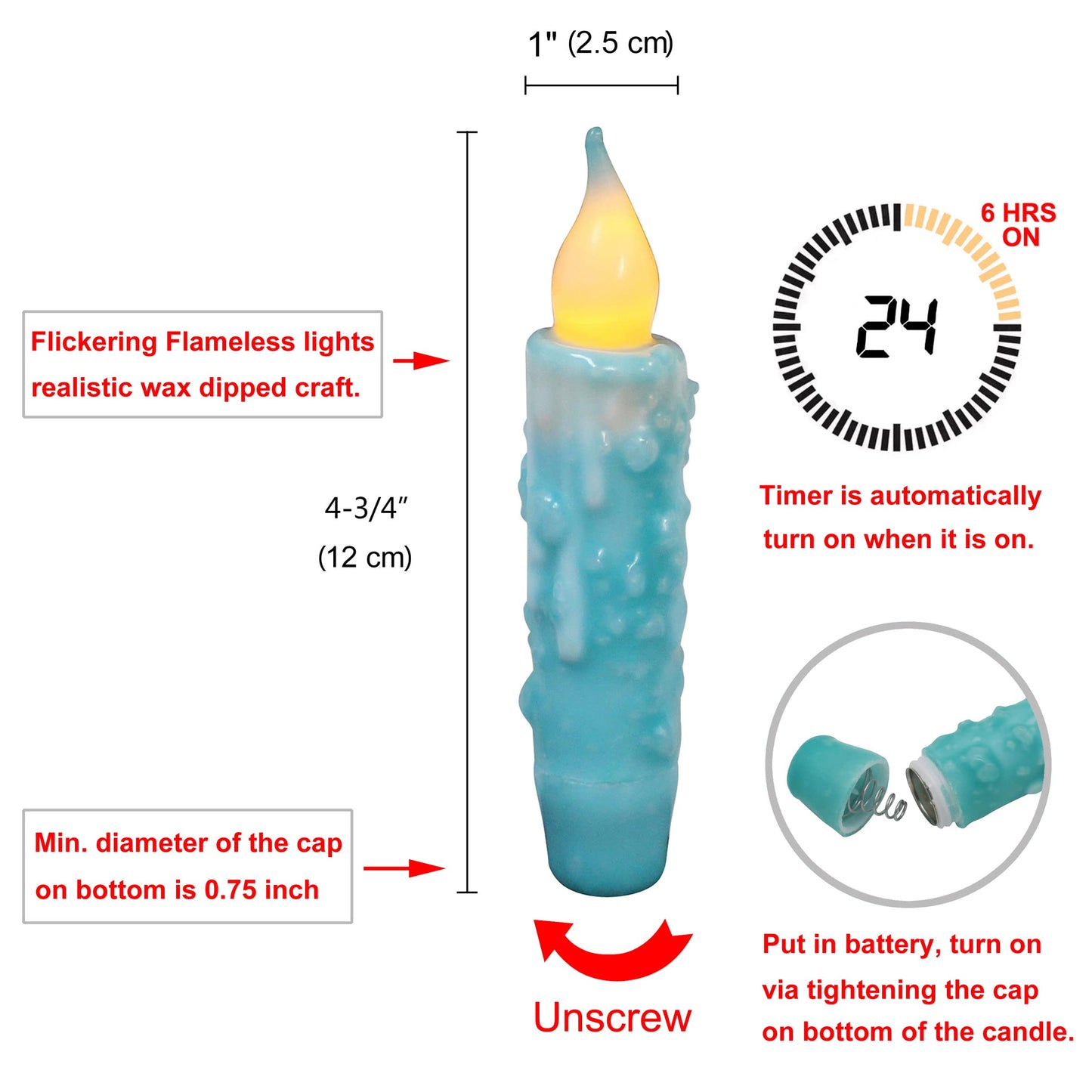 CVHOMEDECO. Real Wax Hand Dipped Battery Operated LED Timer Taper Candles Rustic Primitive Flameless Lights Decor, 4-3/4 Inch, Teal, 3 PCS in a Package