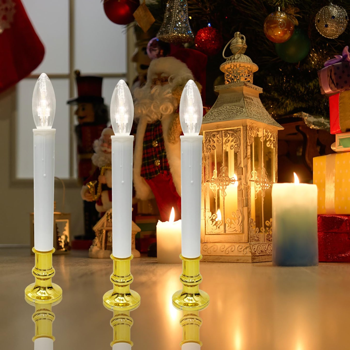 Oviejo 4 Pack Christmas Electric Candles, Electric Candle Lamps with Gold Base, Christmas Window Candles with 6-18 Timer On/Off for Home Table Weddings Holiday Decor