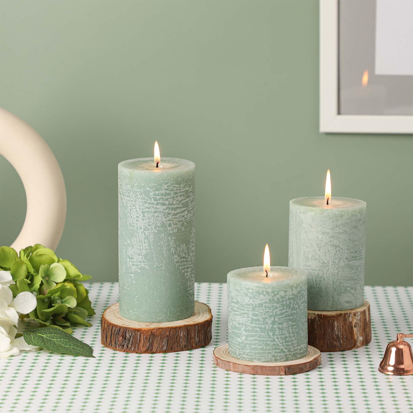 3x4 Inch Sage Green Pillar Candles - Set of 3, Unscented, Long Burning, Smokeless Dripless Candles for Spring Home Decor, Dinner Table, Bathroom, Rustic Decor