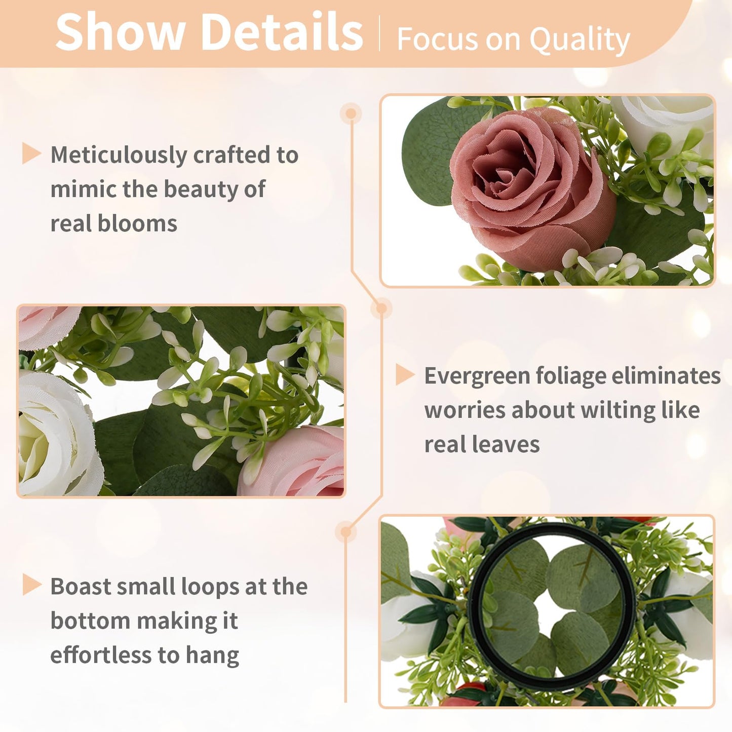 NUPTIO Small Flower Rings for Centerpieces: 9.05 Inch Dusty Rose & White Candle Rose Wreath for Wedding Party Christmas Decorations - Spring Summer Front Door Porch Decor 6 Pcs