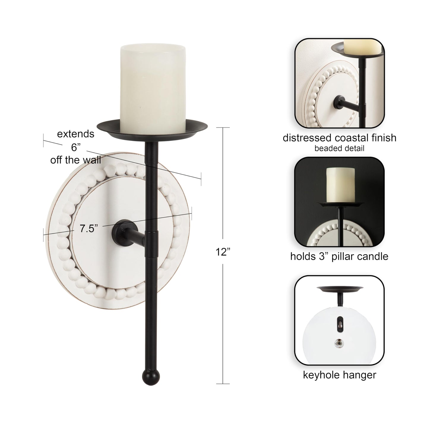 Kate and Laurel Letta Traditional Beaded Wall Sconce; 8 x 6 x 12; White and Black; Two-Tone Modern Coastal Wood and Metal Candle Holder for Flameless Candles