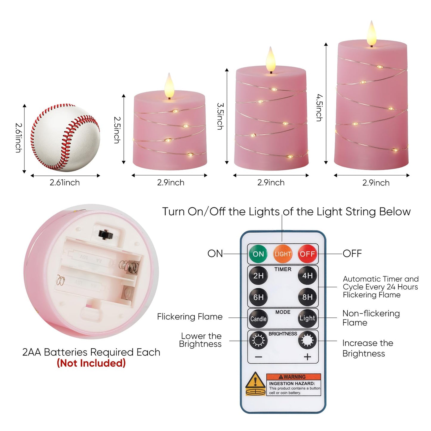 Raycare Easter Pink Flameless Candles with Remote Timer, Flickering Battery Operated LED Pillar Fake Candle with String Lights for Home Decor, Christmas, Wedding and Gift, Set of 3
