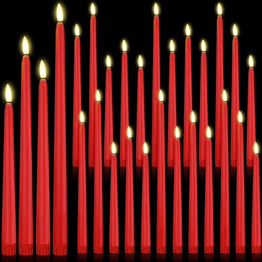Rossesay 24 Pcs Flameless LED Taper Candles Battery Operated Candle 8.5", 9.65", 10.8", 12.8" Flameless Candlesticks Flickering for Christmas Church Wedding Indoor Decoration(Classic, Red)