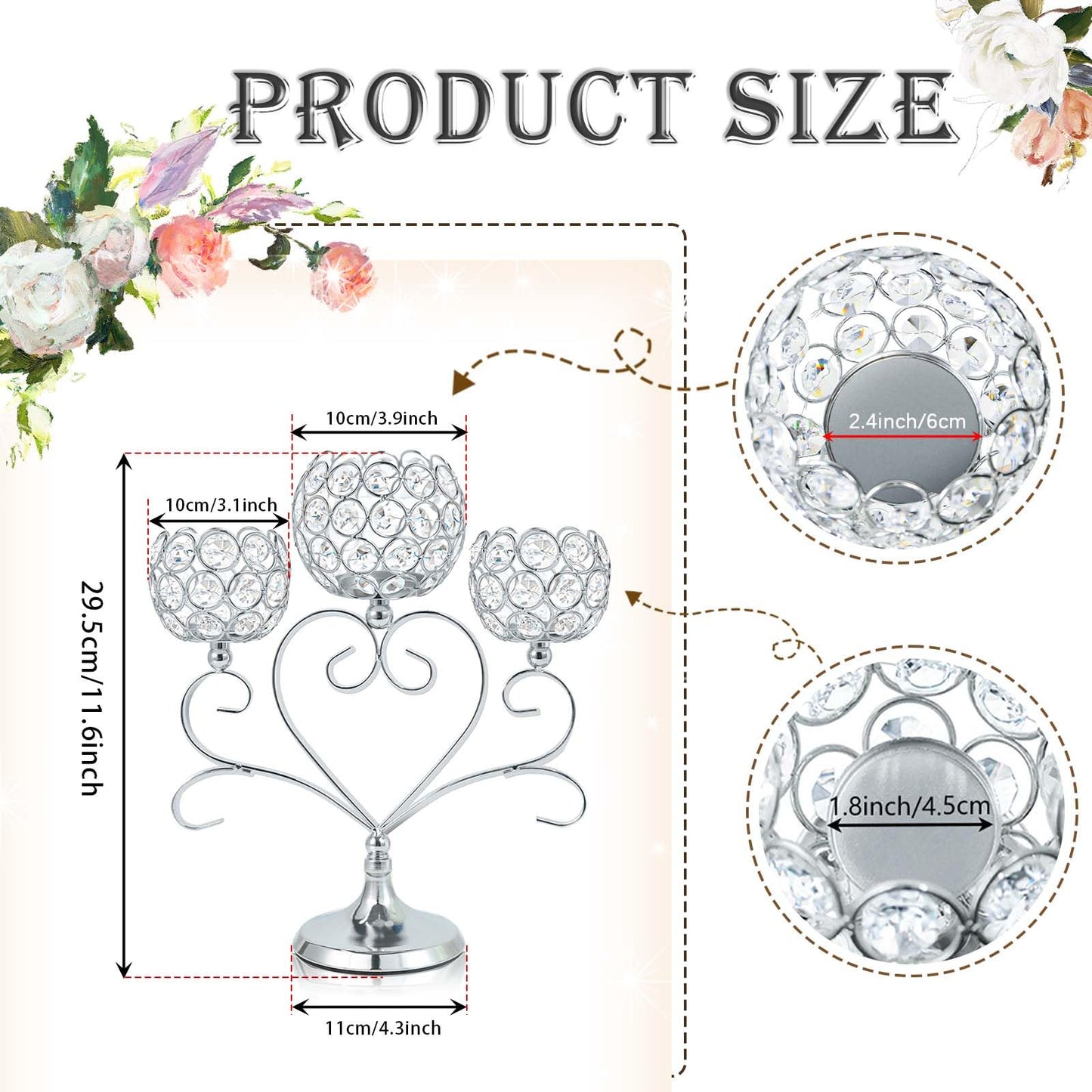 Kehail 6 Pcs Silver 3-Arm Heart Tea Light Candle Holder - Crystal & Metal Wedding Centerpiece Decor, Sparkling Table Decor for Anniversaries/Romantic Tabletop Home/Dinner Party/Events