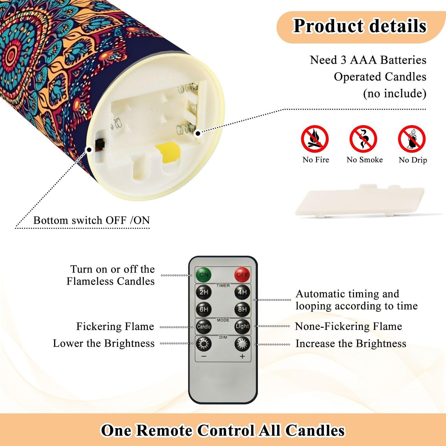Gravopti Mandala Pattern 2 Pack Flameless LED Pillar Candles with Remote & Timer, Battery Operated, Flickering Wax Candle for Wedding, Romantic Home & Party Decor