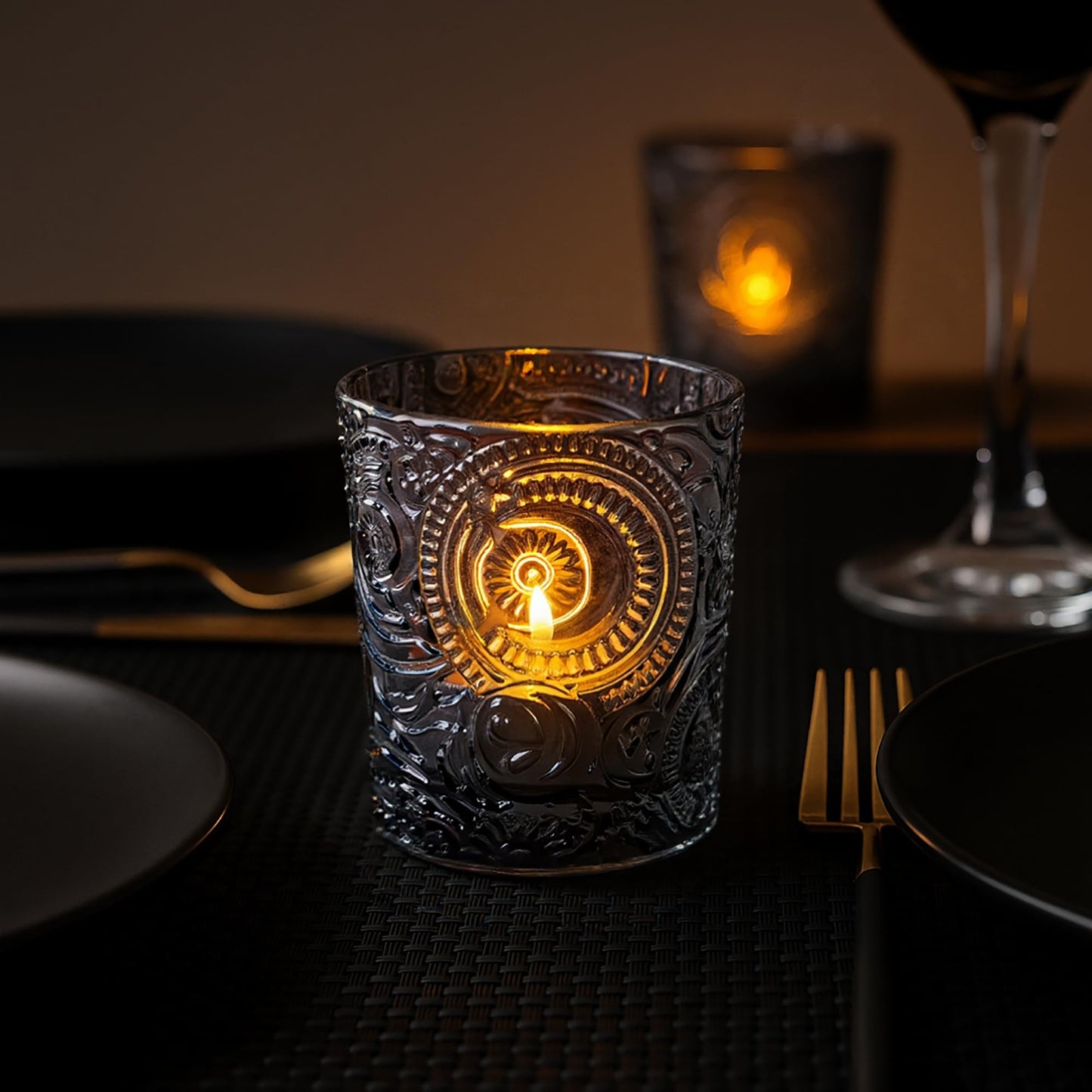 6 Pack Sun Moon Star Embossed Glass Tea Light Candle Holders - Votive Candle Holders for Wedding, Party, Home Decor, and Table Centerpieces (Gray)