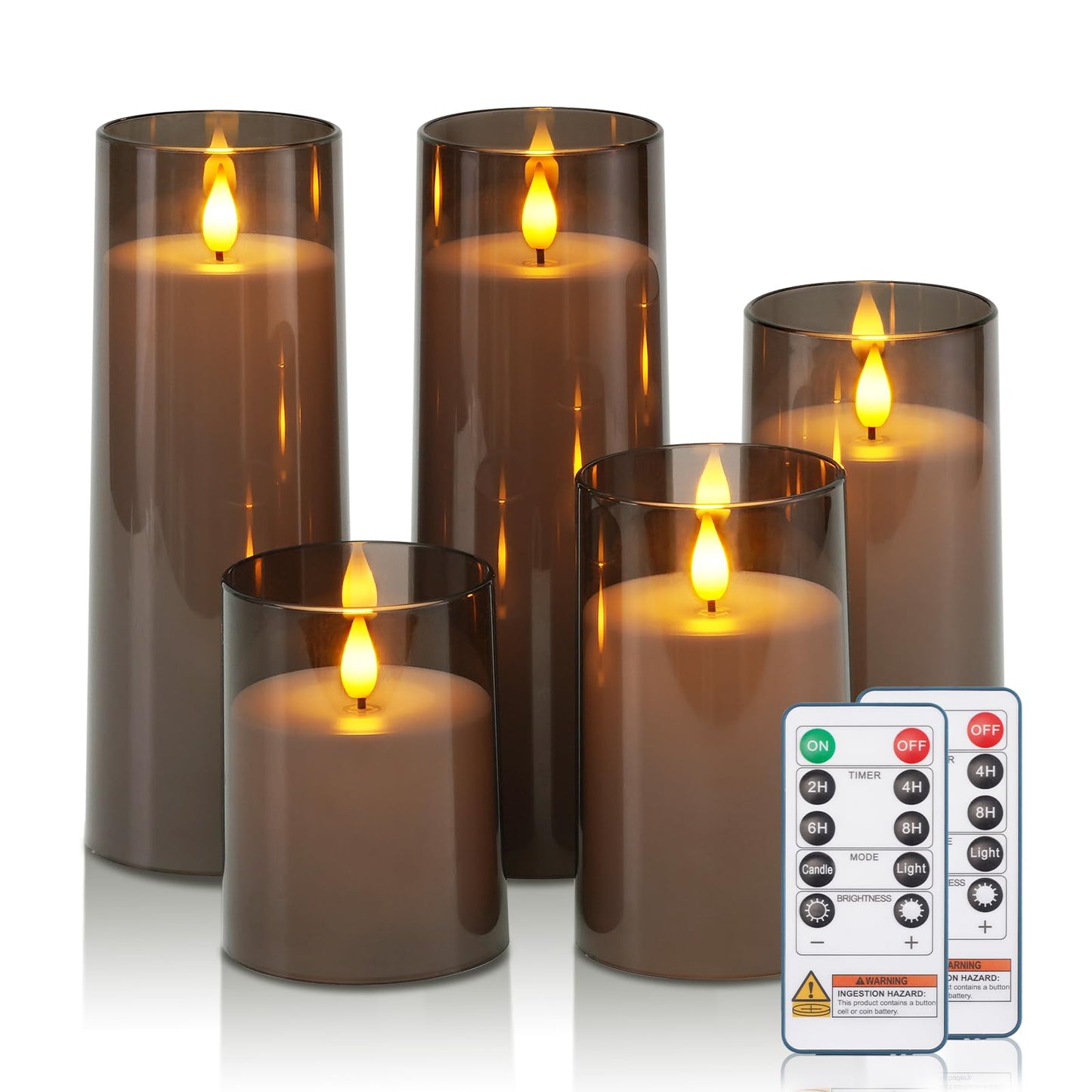 Raycare Flameless Candles Battery Operated with Remote Timer, Acrylic Flickering LED Pillar Candle for Christmas Decoration, Home Decor, Gift for Family and Friend, Grey, Set of 5