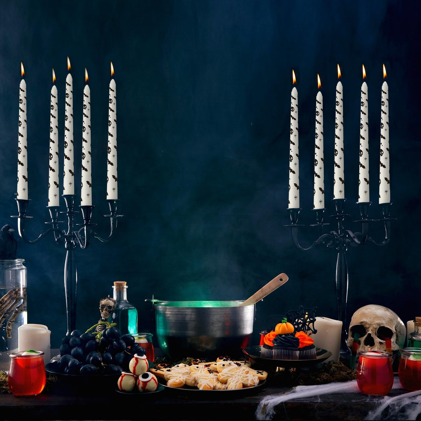 6 Pack Printed Taper Candle Set for Halloween Home Decoration, 10 Inch Ivory Candlesticks with Bat & Skull Pattern Pattern for Dinner Holiday Seasonal Celebration, Dripless and Smokeless Candles