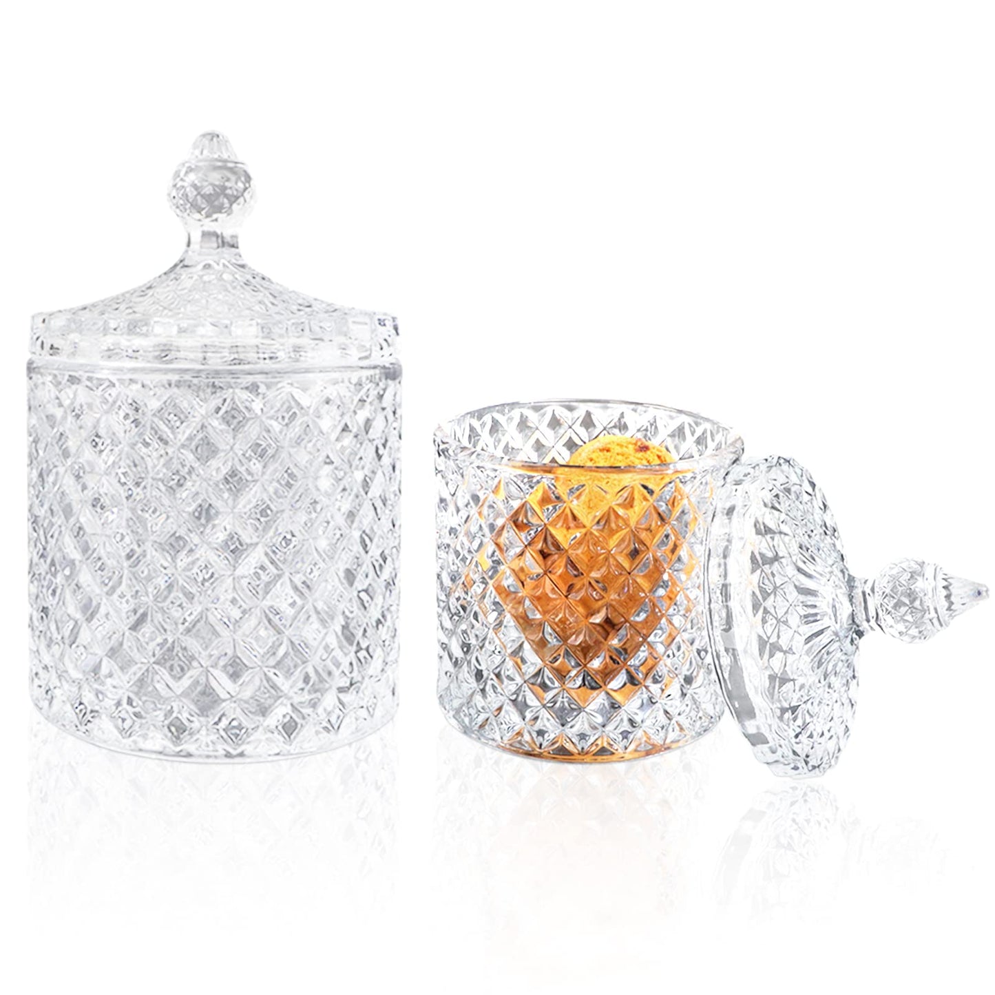 FHDUSRYO 2Pcs Crystal Jar with Lid, Glass Sugar Bowl Decorative Candy Jars, Diamond Candy Dish, Crystal Cookie Tin Biscuit Barrel, Buffet Container, Qtip Holder for Home (10+24oz, Clear)