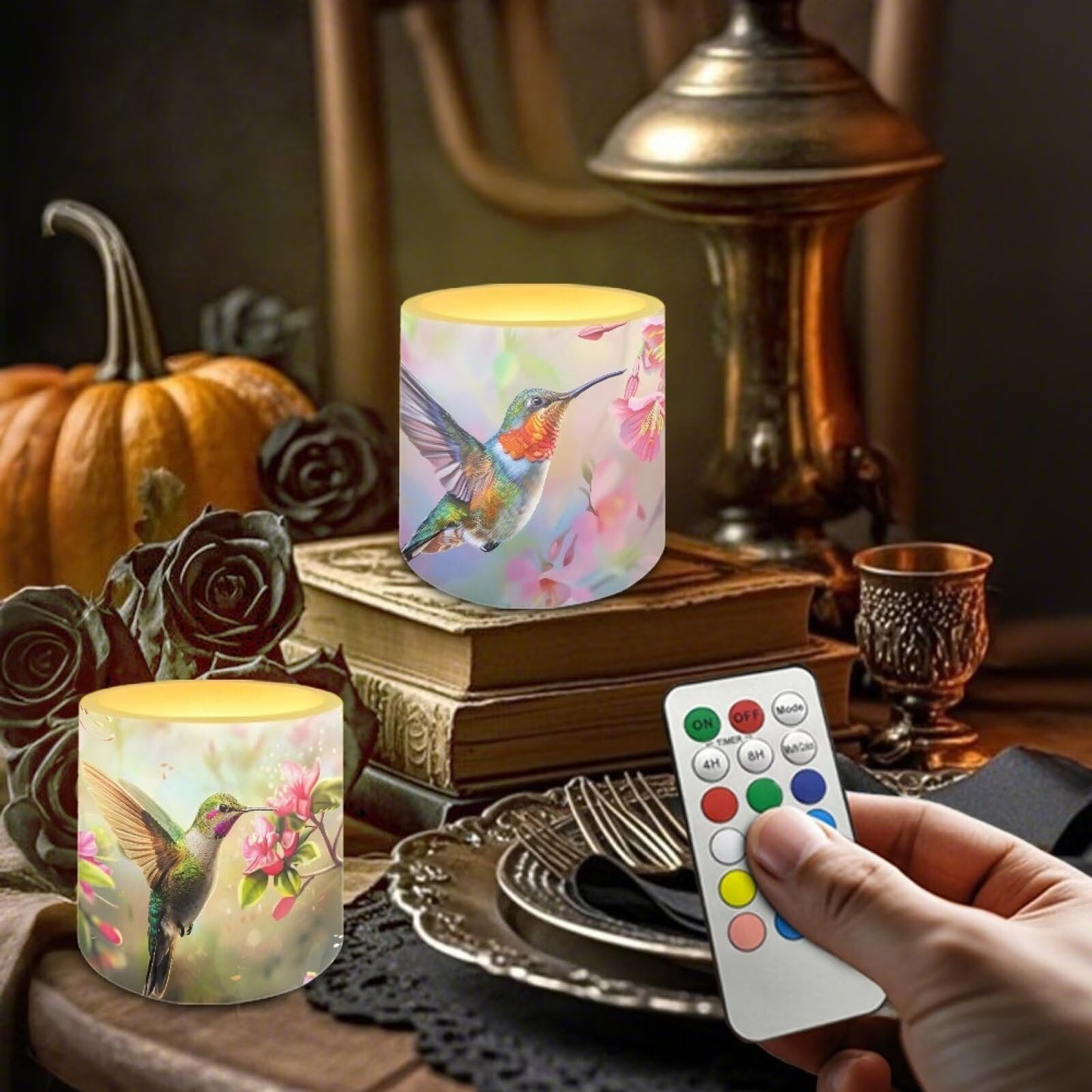 NETILGEN Floral Hummingbird Print Flickering Flameless Candles with Remote Timer Control Pack of 4 Battery Operated LED Pillar Candles 3 inch Flameless LED Candles