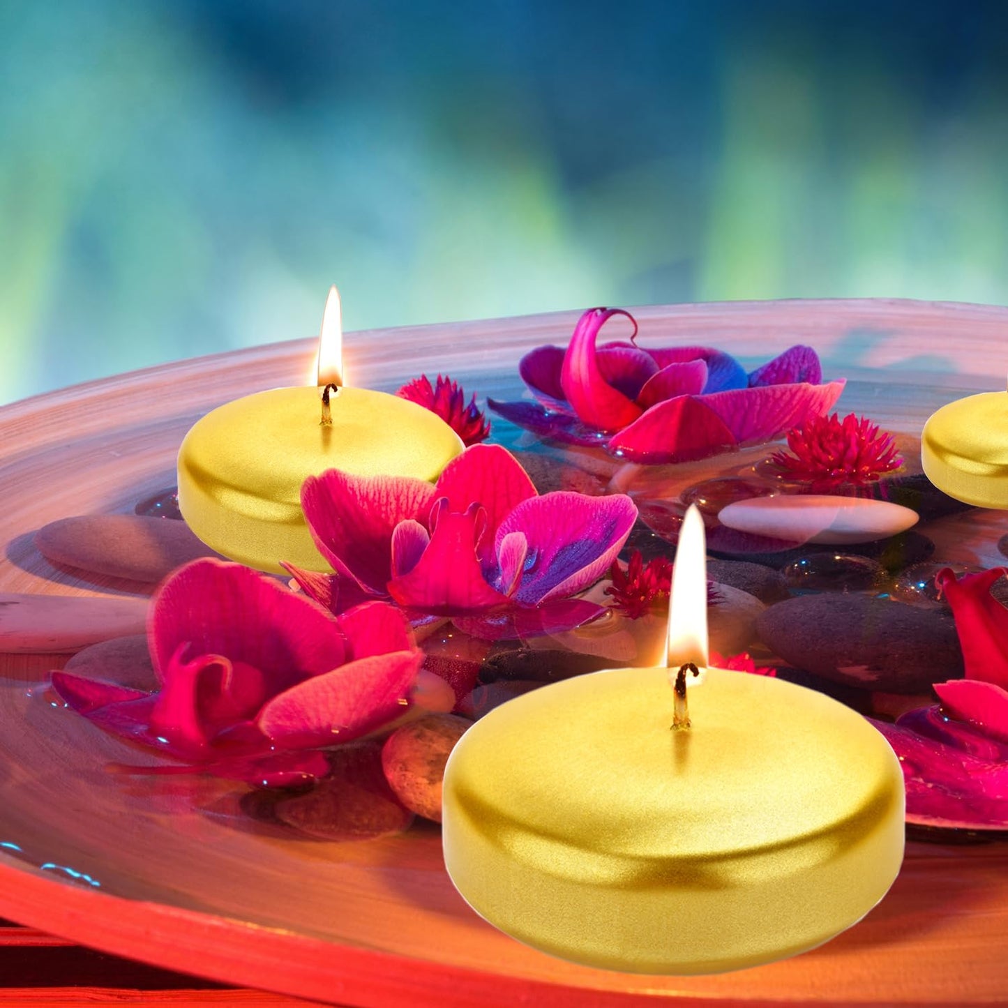 Floating Candles for Centerpieces, 3 inch Gold Round Burning Tea Light Candles Unscented Smokeless Paraffin Wax Dripless, for Valentine's Day, Wedding, Party, Home Decor, Pool (36 Pack)