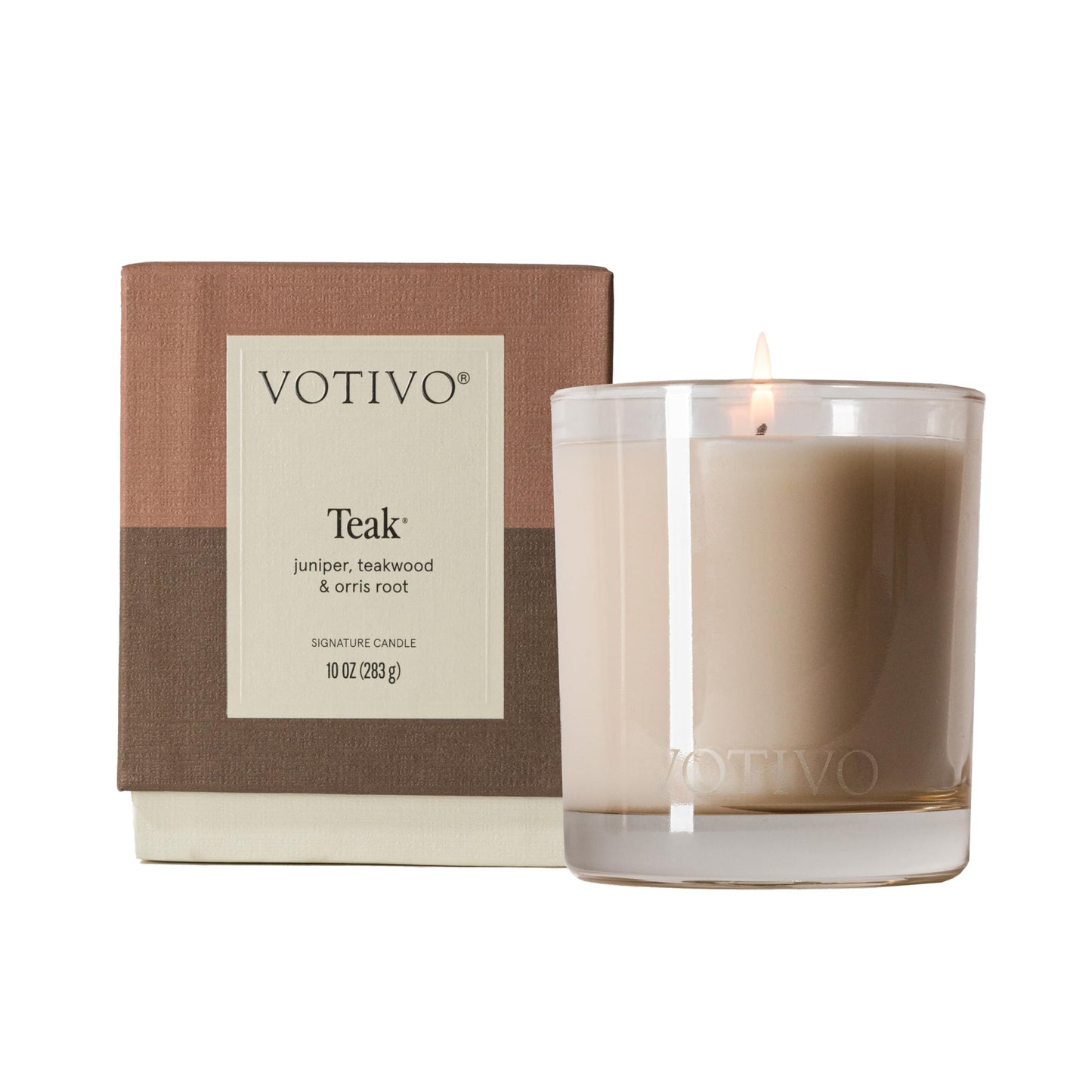 Votivo Teak 10 oz Signature Candle | Soy Wax Blend | Luxury Glass Jar & Box | Home Decor | Gifts | Highly Scented