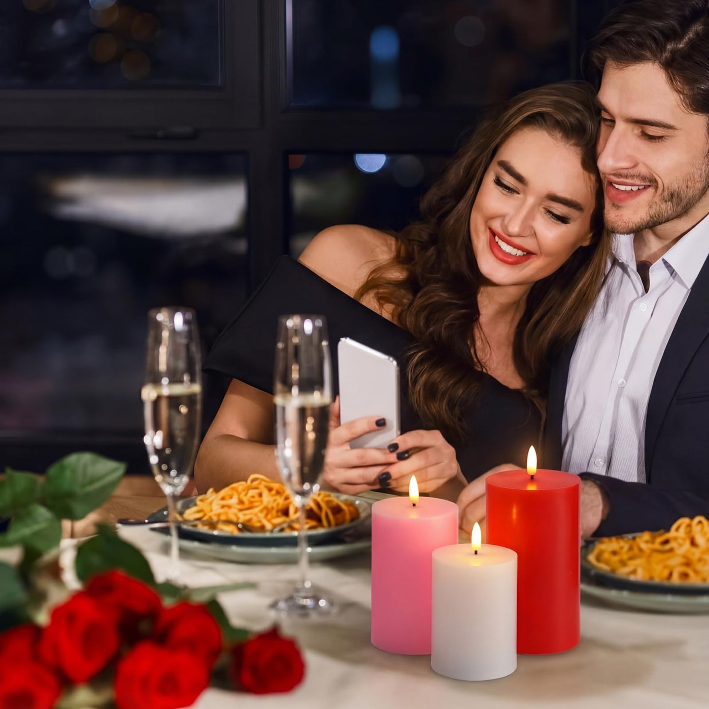 Grinsvalley 3 Pcs Mother's Day Flameless Candles Battery Operated Wax LED Flickering Flameless Pillar Candles with Remote for Home Table Dating Wedding Party Decor