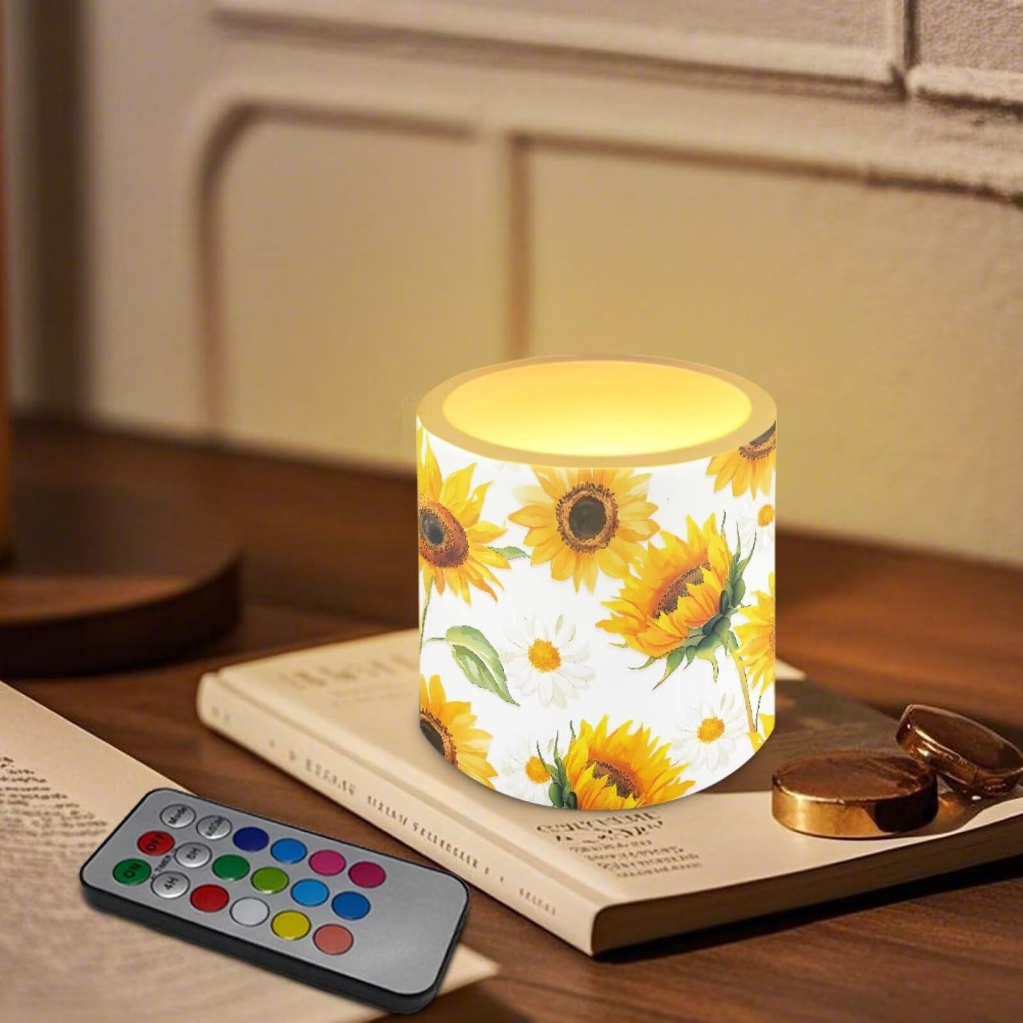 NETILGEN 3 inch Flickering Color Changing LED Candles Set of 4 Flameless Eletric Pillar Candles with Remote Timer Control Home Party Decor Yellow Sunflower Print