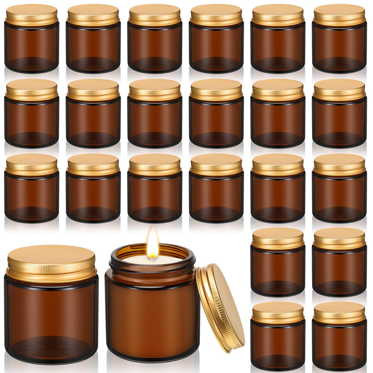 Zhehao 24 Pcs Glass Candle Jars with Lids Bulk, Round Empty Candle Container Tins, Dishwasher Safe and Leakproof DIY Crafts(Amber,Gold,4 oz)