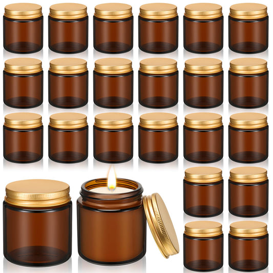 Zhehao 24 Pcs Glass Candle Jars with Lids Bulk, Round Empty Candle Container Tins, Dishwasher Safe and Leakproof DIY Crafts(Amber,Gold,4 oz)