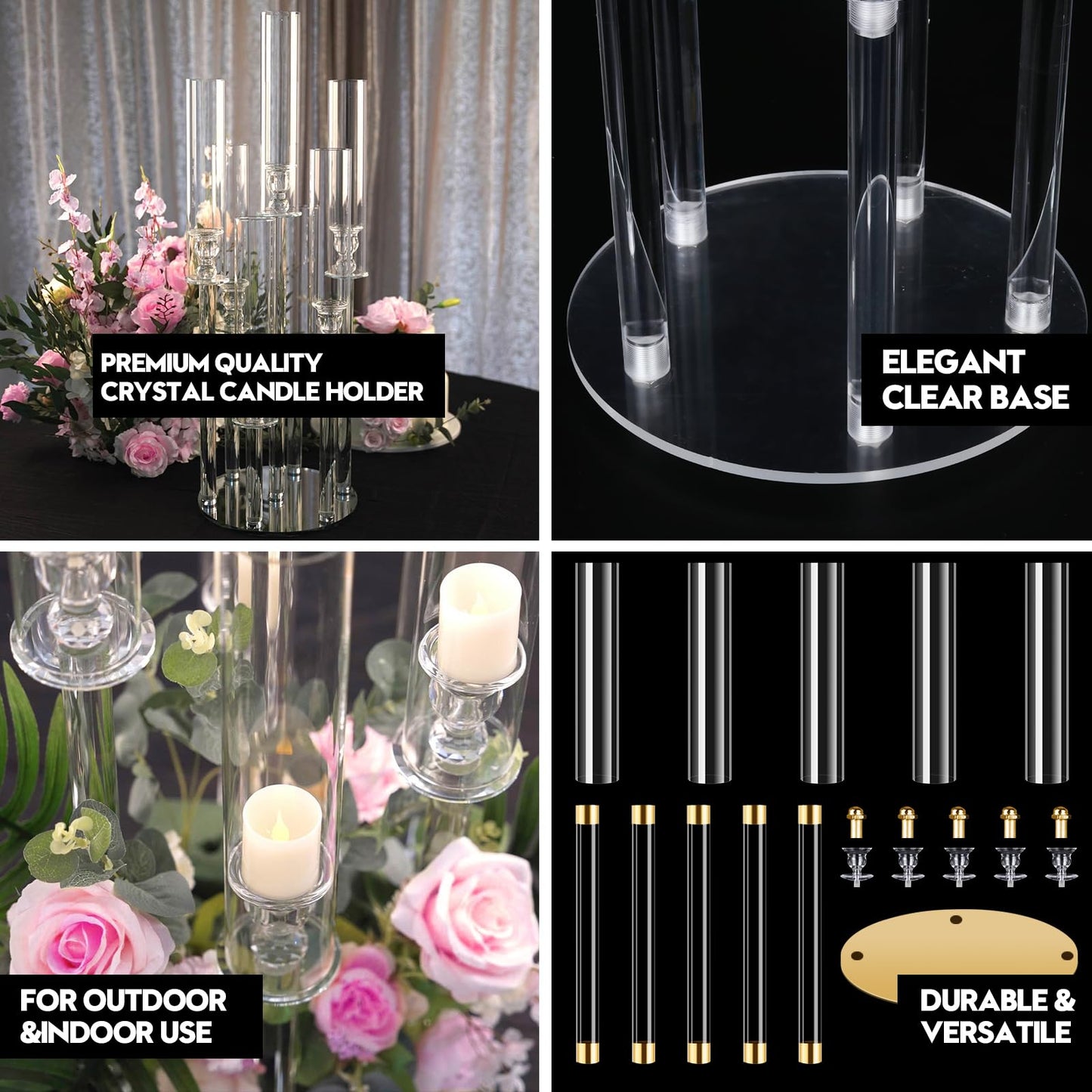 5 Arm Gold Candle Holder, Mjkeomo 26'' Tall Candelabra Centerpieces for Tables Clear Candlesticks Holder for Housewarming Gift Fireplace Halloween Christmas Wedding Decor Fit 0.82'' LED Candle