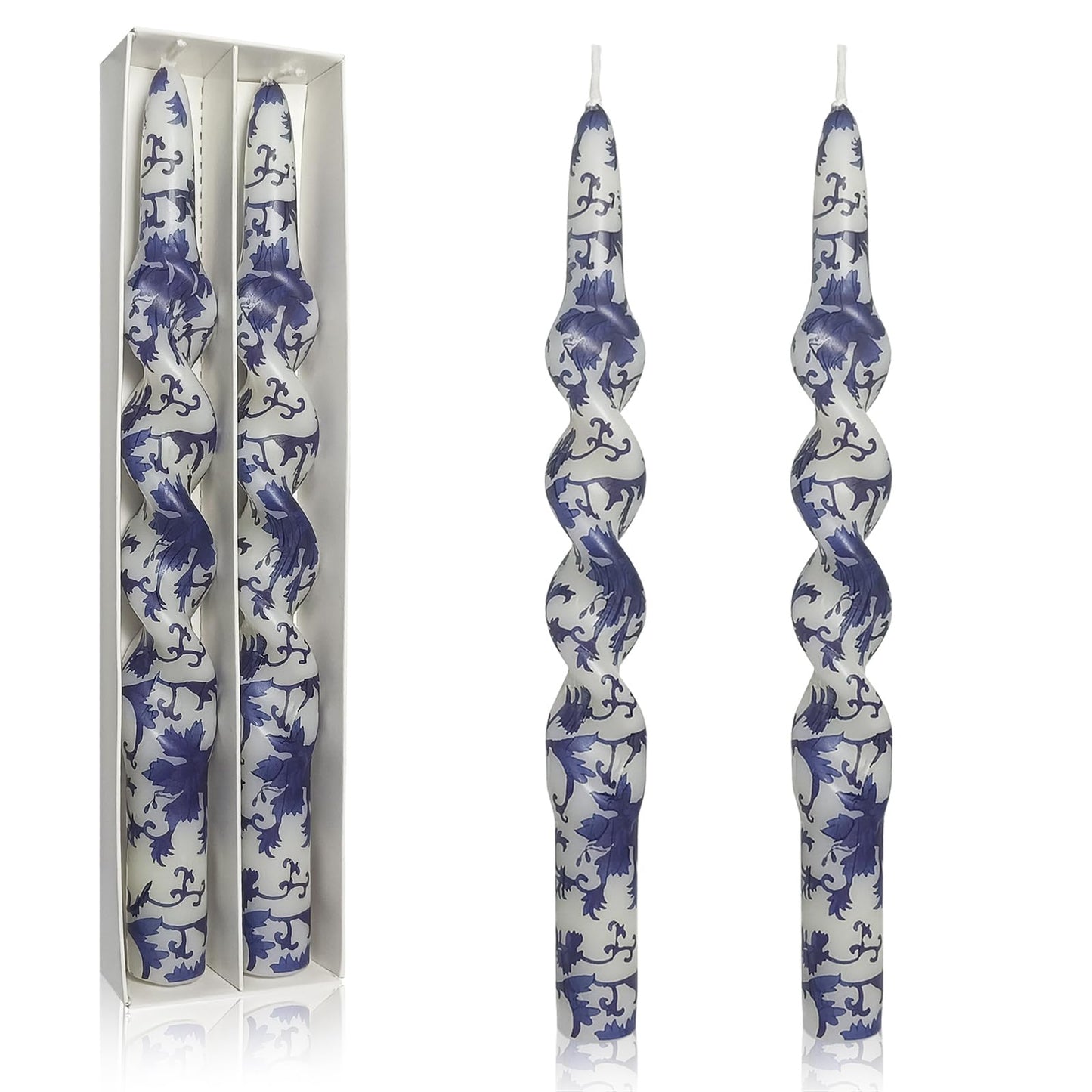 Unscented Floral Taper Candle Spiral Candlesticks - Set of 2 Blue and White Handmade Twisted 10 Inch Long Candle Sticks Print Tapered Candles for Home Wedding Dinner