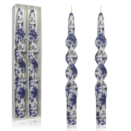 Unscented Floral Taper Candle Spiral Candlesticks - Set of 2 Blue and White Handmade Twisted 10 Inch Long Candle Sticks Print Tapered Candles for Home Wedding Dinner