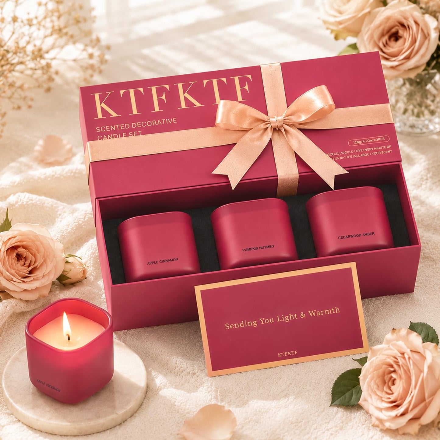 KTFKTF Scented Candle Gift Set for Women – 3 Pack Natural Soy Wax Candles, Apple Cinnamon, Pumpkin Nutmeg & Cedarwood Amber, 90 Hour Burn Time, Aromatherapy Candles for Home, Birthday & Holiday Gifts
