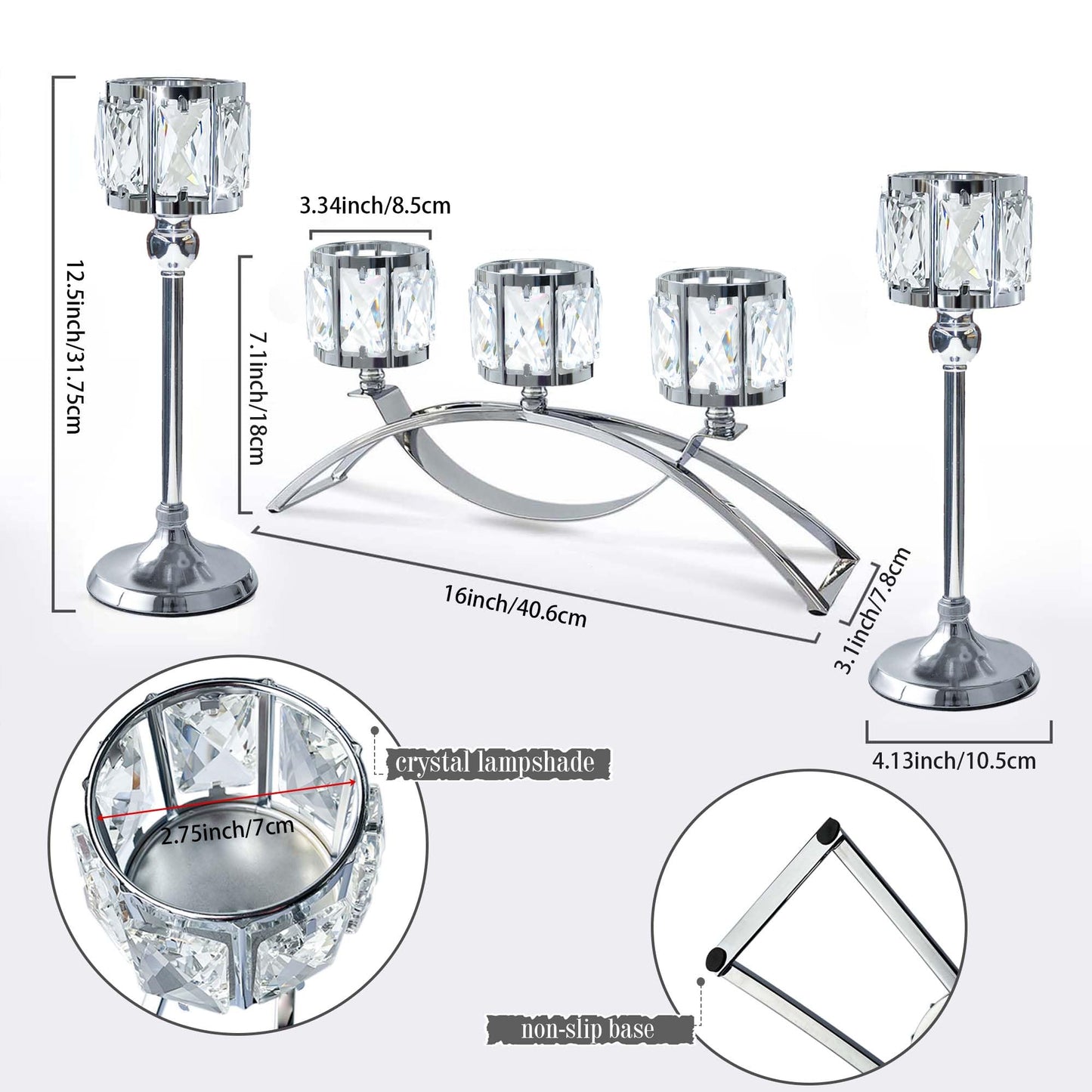 KEHAIL 3 Arms Crystal Candle Holders, Arch Candlestick Table Candelabras Centerpieces for Wedding, Dinning Room, Cabinet Ornaments, Home Decoration， Gift (3-arm Arched Set, Silver)