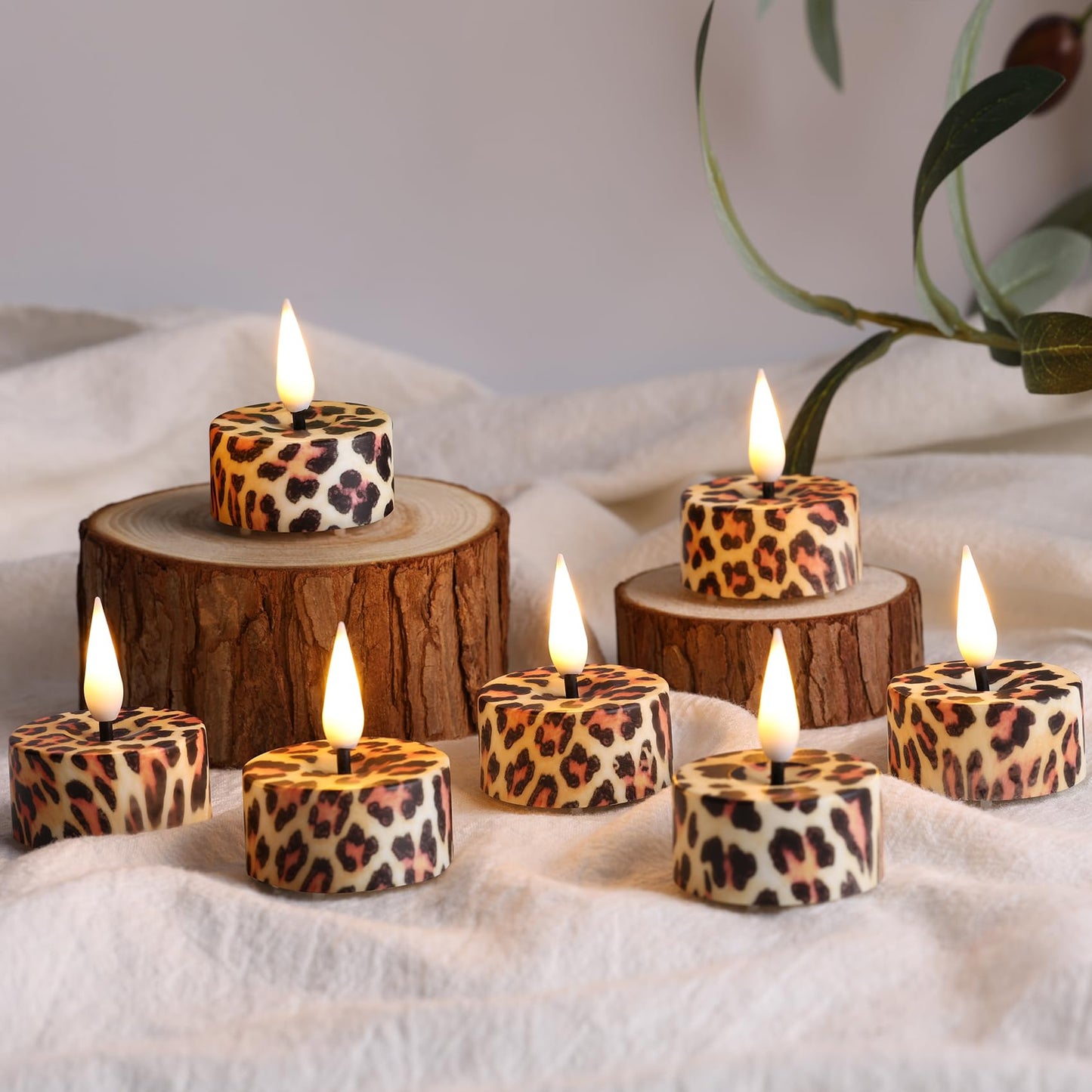Eywamage Leopard Flameless Tealights with Remote Batteries, Flickering Cheetah LED Tea Votive Candles Set of 12