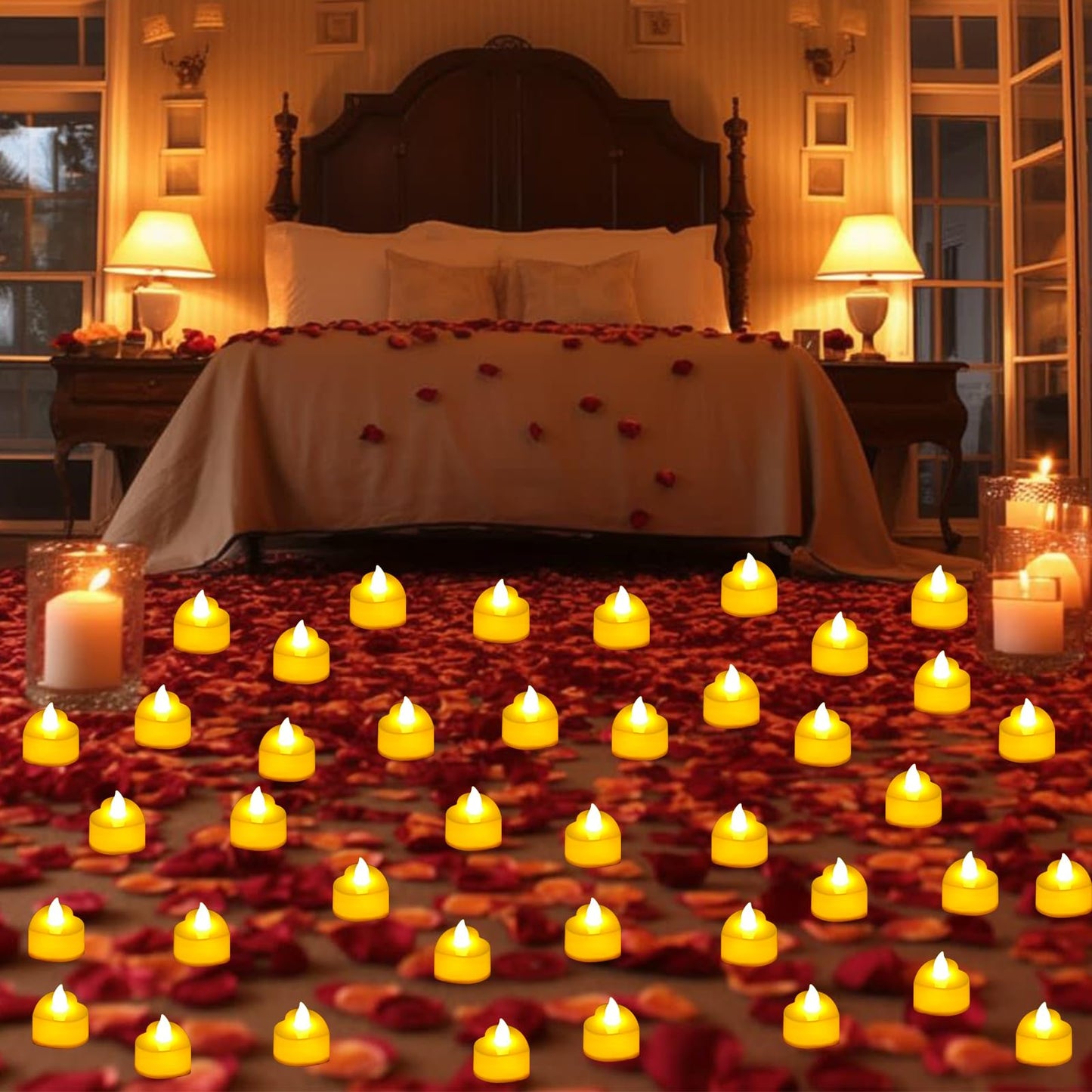 JMUQ 9000 Pieces Artificial Rose Petals with 96 Pieces Romantic Heart Led Tealight Candles, Rose Petals and Candles Set for Weddings Anniversaries Proposals Decor(Warm White Light)