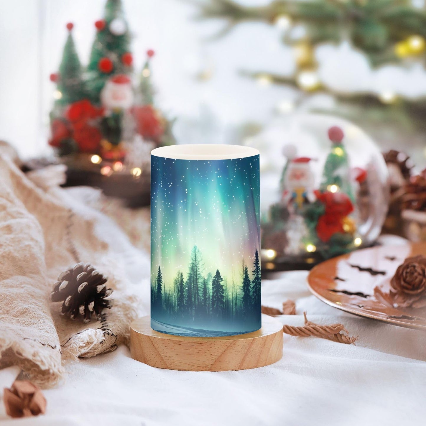 panksolu Flickering Flameless Candles, Aurora Borealis Forest Landscape LED Candles with Remote Timer, Battery Operated Candle for Valentine Wedding Halloween Christmas Decor - Set of 2