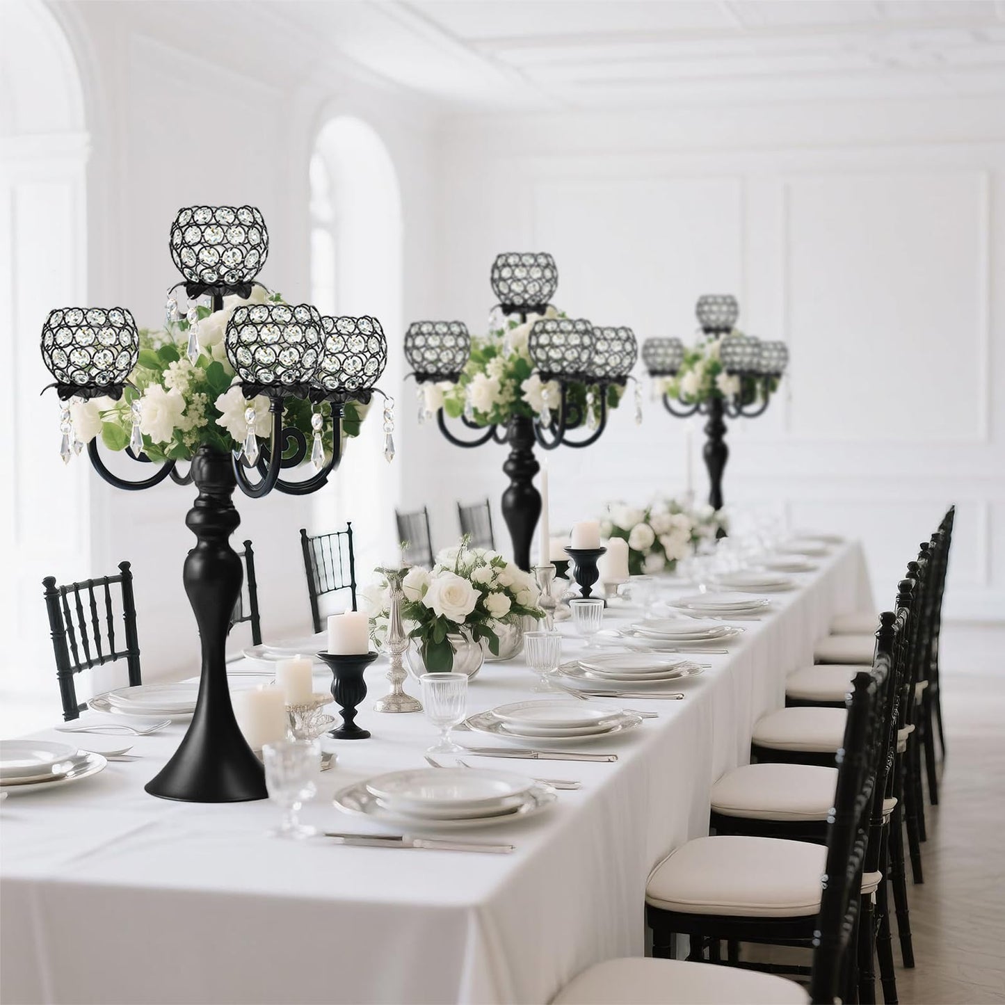 kolnlala 22.5 Inch Black 5-Arm Tea Light Crystal Candle Holder/Candlestick, Exquisite and Gorgeous Crystal Candelabra Table Centerpiece for Wedding/Holiday Events, Parties & Home Decor