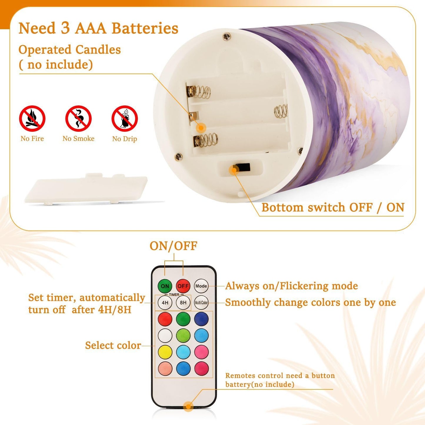 BOENLE Flickering Flameless Candles, Purple Gold Marble LED Candles with Remote Timer, Set of 2 Battery Operated Candle for Valentine Wedding Birthday