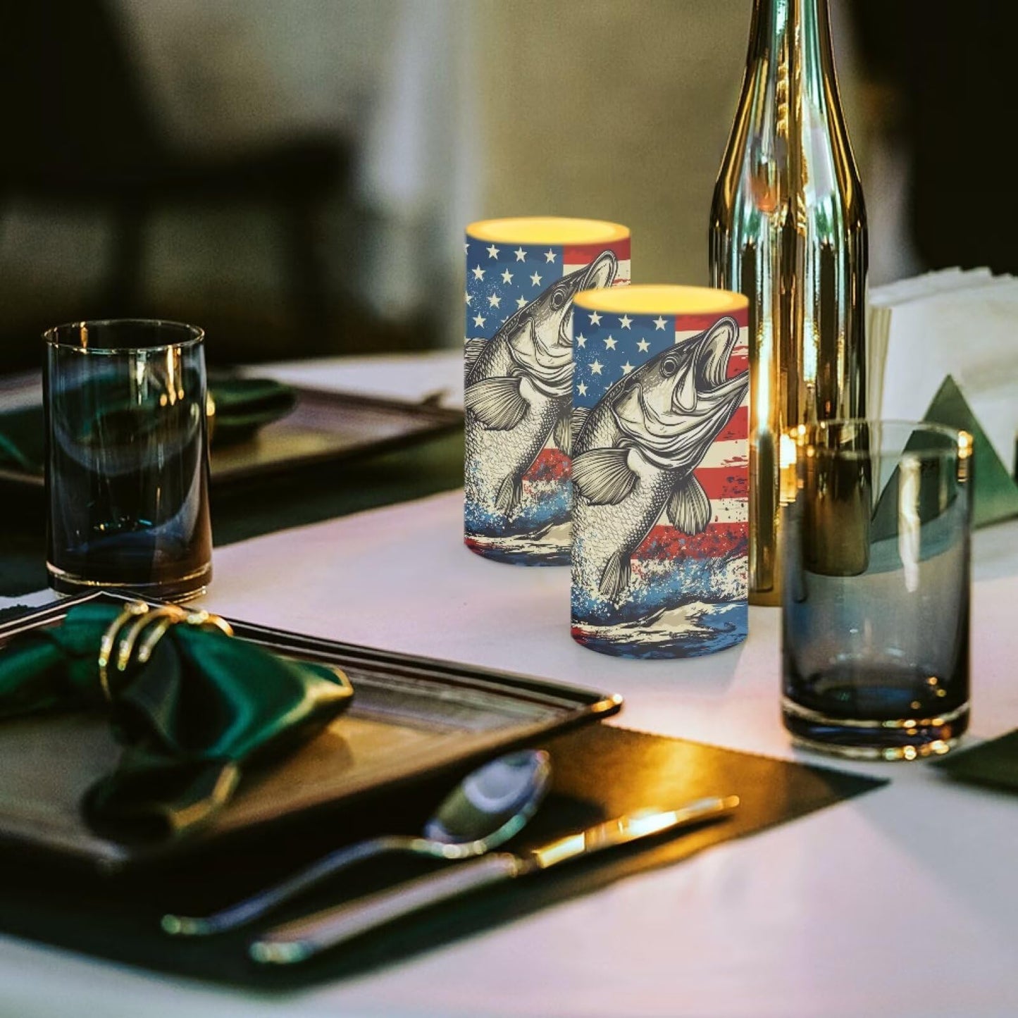 Luarisgur Summer Candles Battery Operated Flameless Candles with Remote and Timer Fish American Flag Electric Candles LED Flickering Candles for Home Farmhouse Room Bedroom Patriotic Decoration