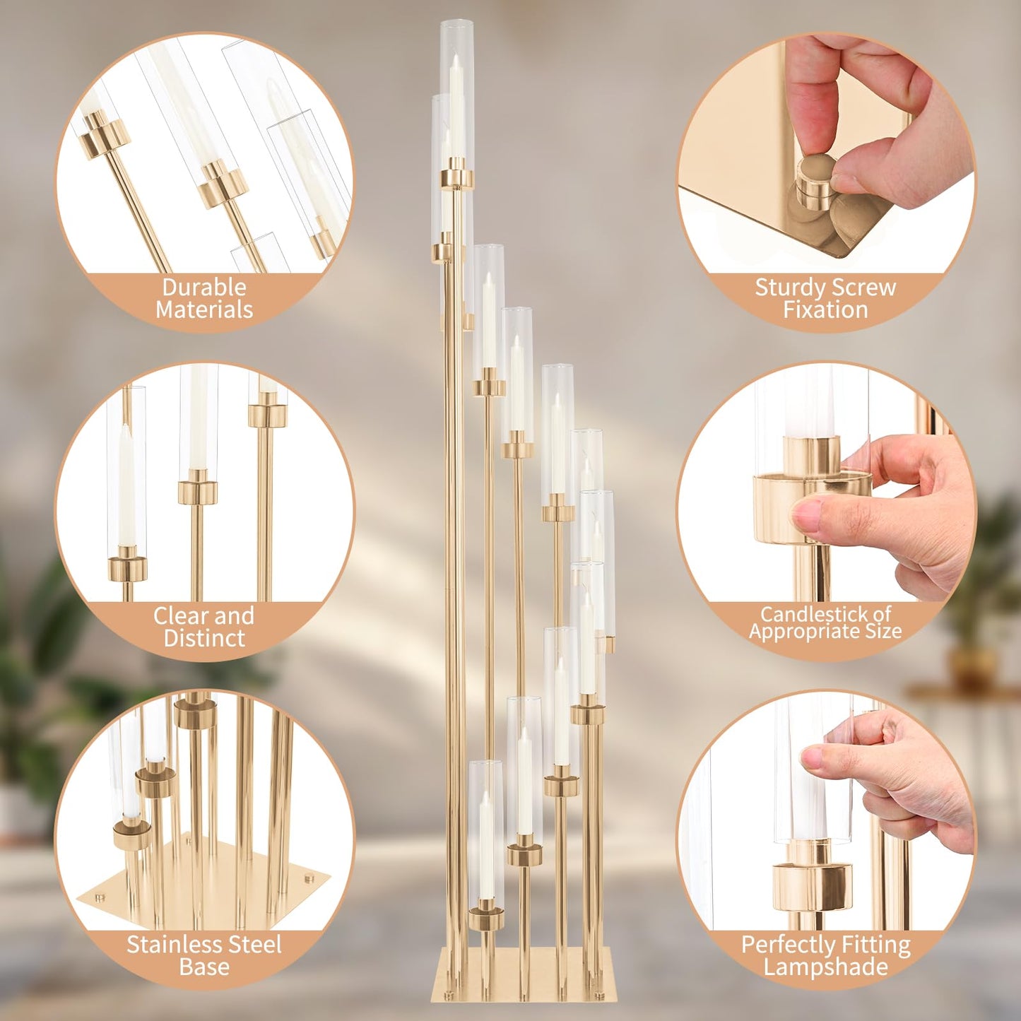 2 Sets 12Arm Gold Candelabra,Candle Holder with Clear Acrylic lampshades Fit Flameless or Wax,46'' High Large Floor Candelabra Centerpiece for Wedding Aisle Ceremony Reception Event Decoration