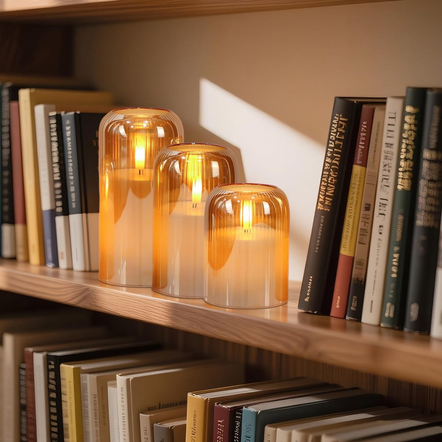 DRomance Glass Flameless Candles with Remote and Timer Battery Operated 3 Pack Real Wax Striped Gold LED Flickering Pillar Candles Dinner Wedding Halloween Christmas Holiday Decor(3" D x 4",5",6" H)