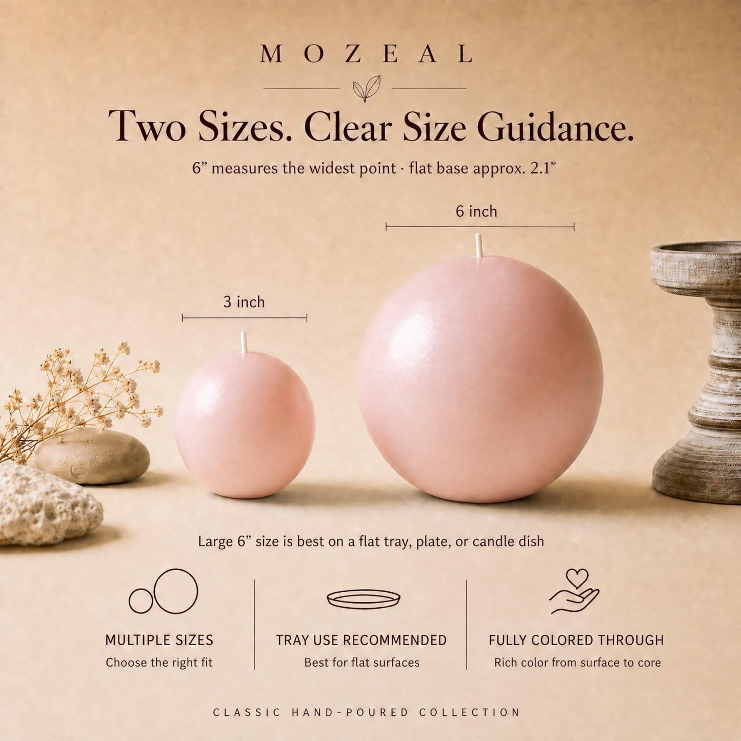 MOZEAL Hand-Poured, 3 Inch Pearl Blush Round Ball Candles - Elegant Pearl Blush Round Pillar Candles Set of 3, Dripless, Unscented, Smokeless, Ideal for Weddings and Elegant Celebrations.