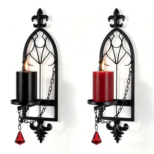We Moment Gothic Candle Sconce Set of 2, Black Metal Medieval Chain Candle Holder with Red Acrylic Crystals, Retro Vintage Wall Decor for Home, Bedroom, Living Room, Dining Room