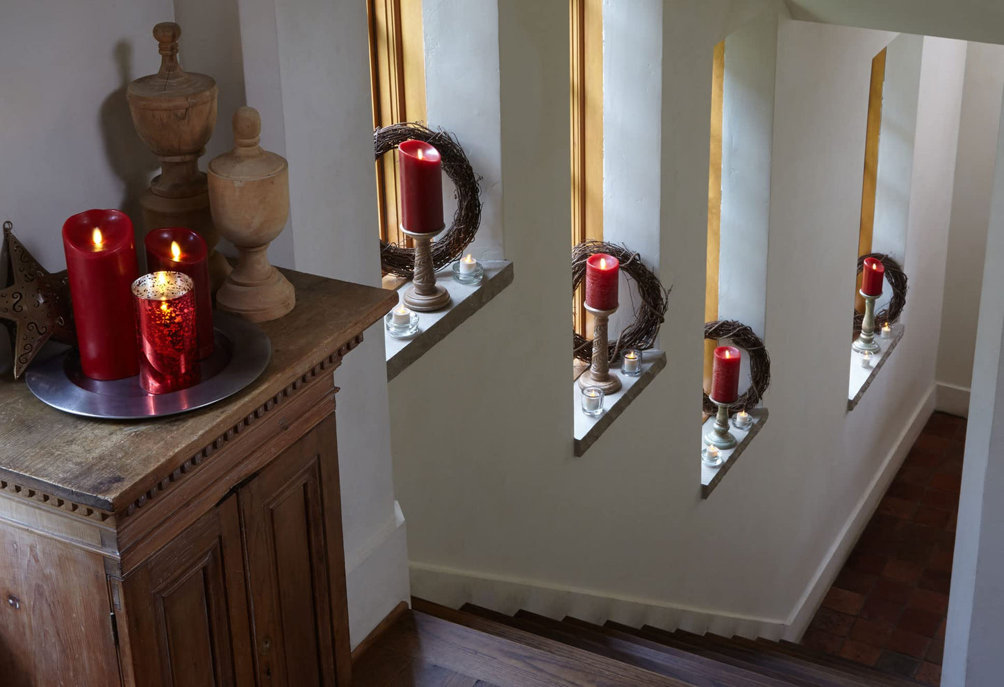Luminara Flameless Flickering Melted Edge Set of 3 Candles, Battery Operated & Timer Function, Remote Included, Unscented Paraffin Burgundy Wax LED Light Pillar, Christmas Holiday Décor