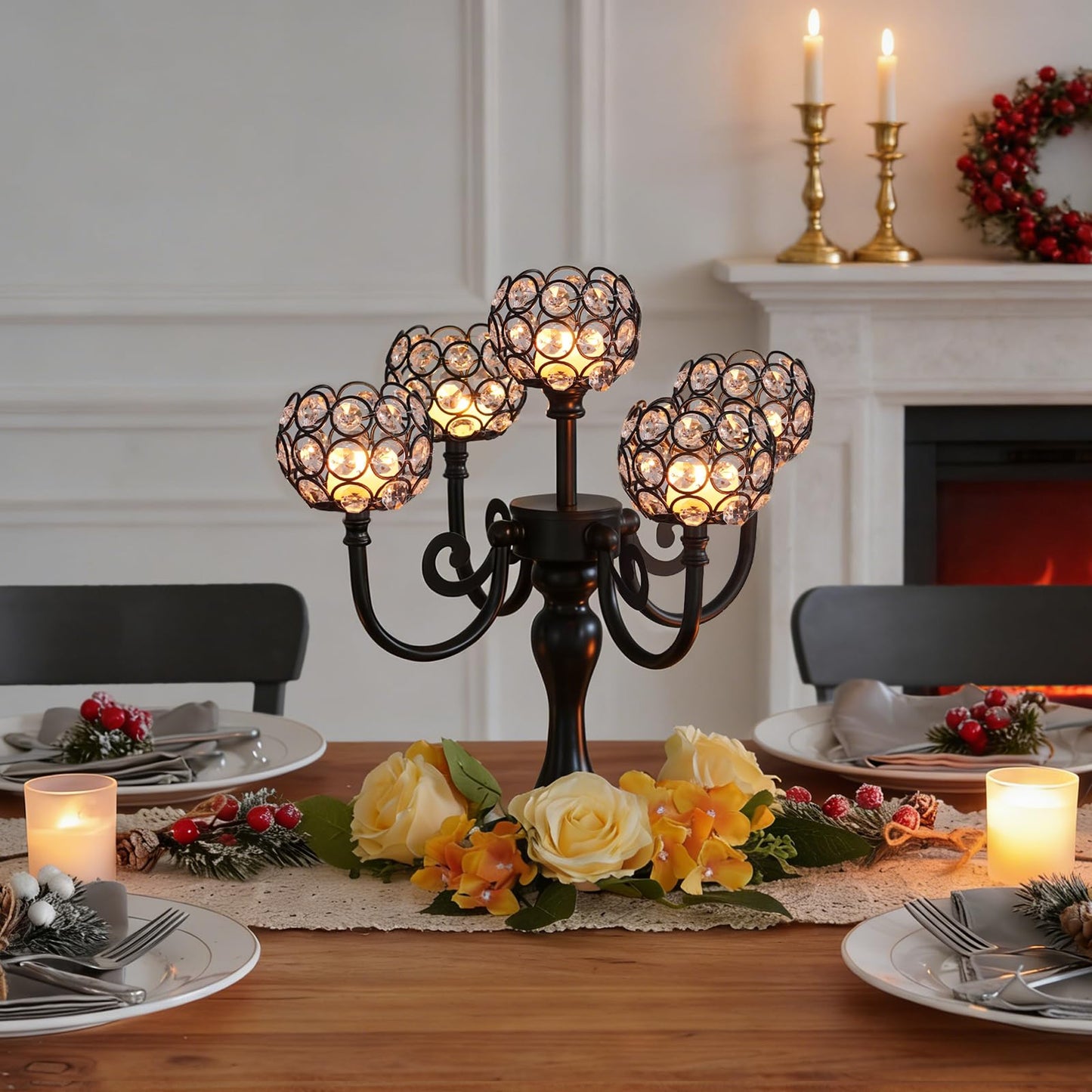 5 Arm Metal Crystal Candelabra Centerpiece - 13.4 Inch Elegant Candle Holder with Crystal Beads for Wedding Party Christmas Home Dining Table Decoration (2, Black)
