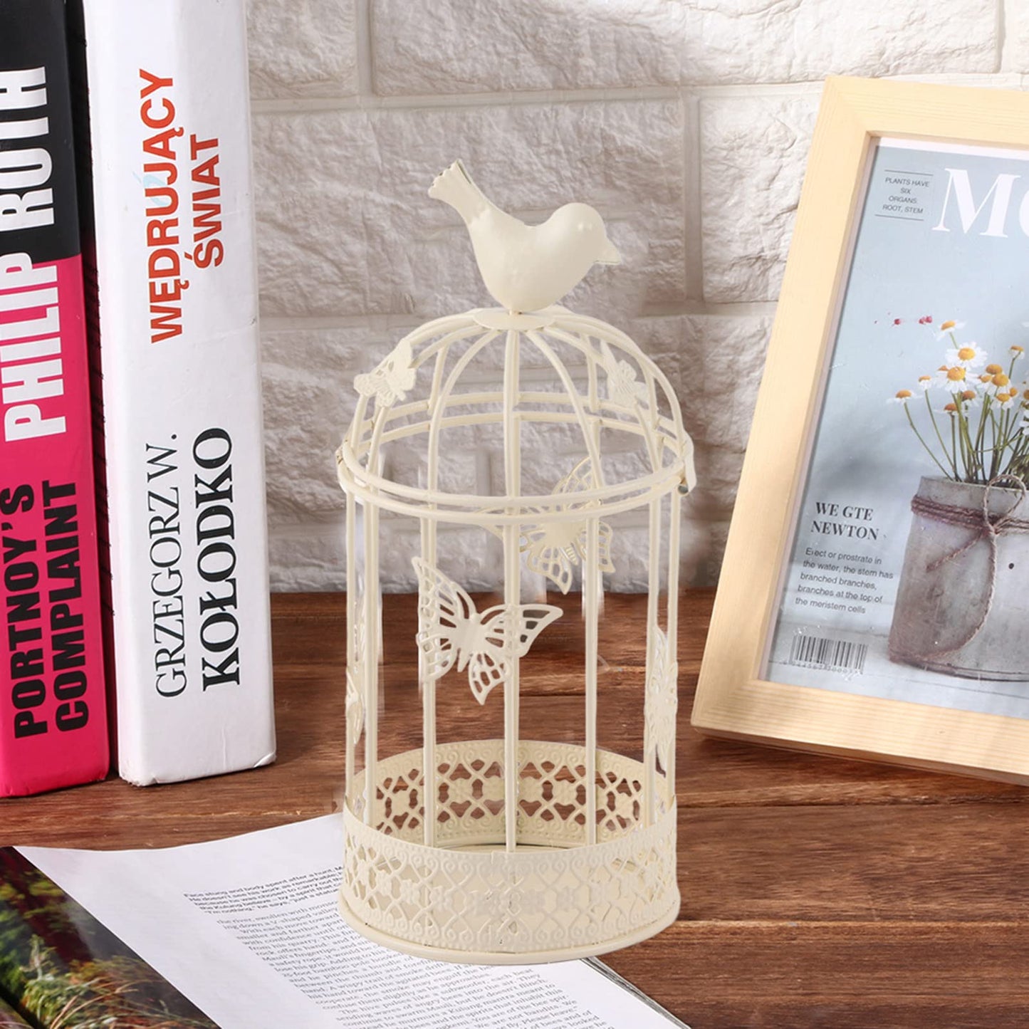 Kikumi Decorative Metal Candlestick for Table Centerpiece, 9.1 X 3.9 Inch Hollow Cage Shape Candlestick Bird Decoration Candlestick for Home Decoration (White)