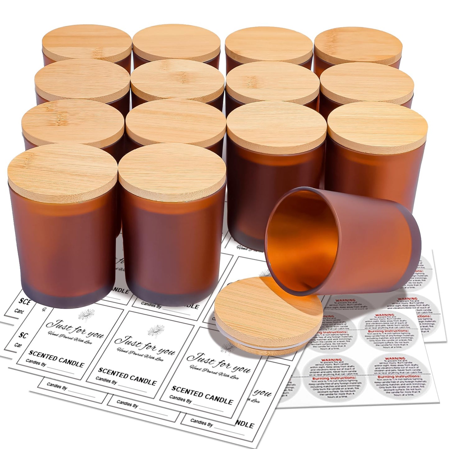 CONNOO 15-Pack 7oz Fall Amber Candle Jars with Bamboo Lids & Sticky Labels – Thick Glass Candle Jars for DIY Making, Dishwasher Safe, Bulk Set