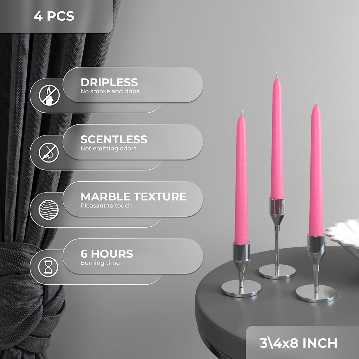 CANDWAX 8 inch Pink Taper Candles Pack of 4 - Unscented Smokeless Dripless Tall Candlesticks - Perfect as Easter Candles and for Holidays, Ordinary Dinners and Special Occasions - Pink Candle Sticks