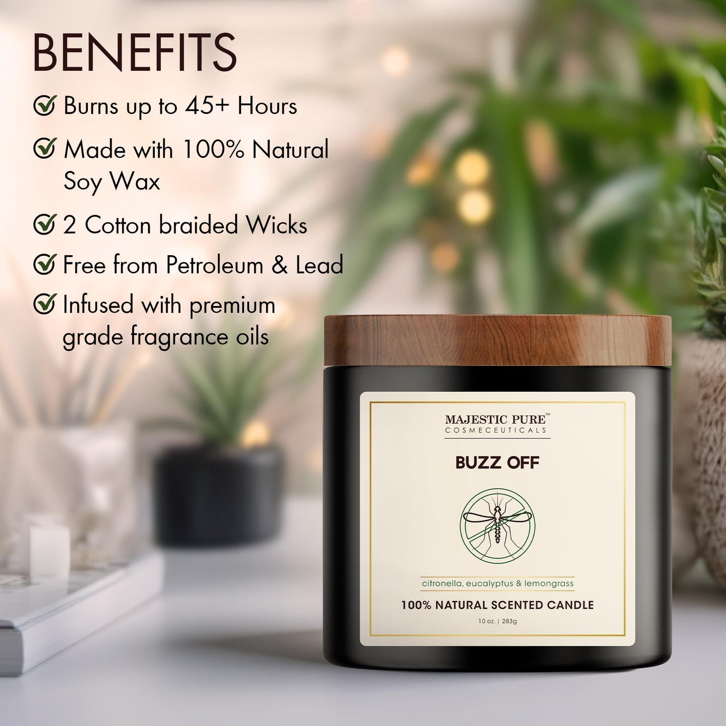 Majestic Pure Citronella Eucalyptus Lemongrass Scented Candle with Upto 45+ Hrs Burn Time, 2-Wick Candle, Soy Wax Blend for Cleaner Burn, 10 oz Jar Candle with Room Filling Fragrance, Buzz