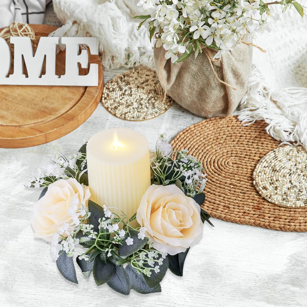 2 Pack Artificial Rose Candle Rings, Christmas Floral Wreaths with Eucalyptus Leaves Mini Wreaths Candle Rings for Pillar Candle Lantern Wedding Centerpiece Party Home Fall Table Decor (Champagne)